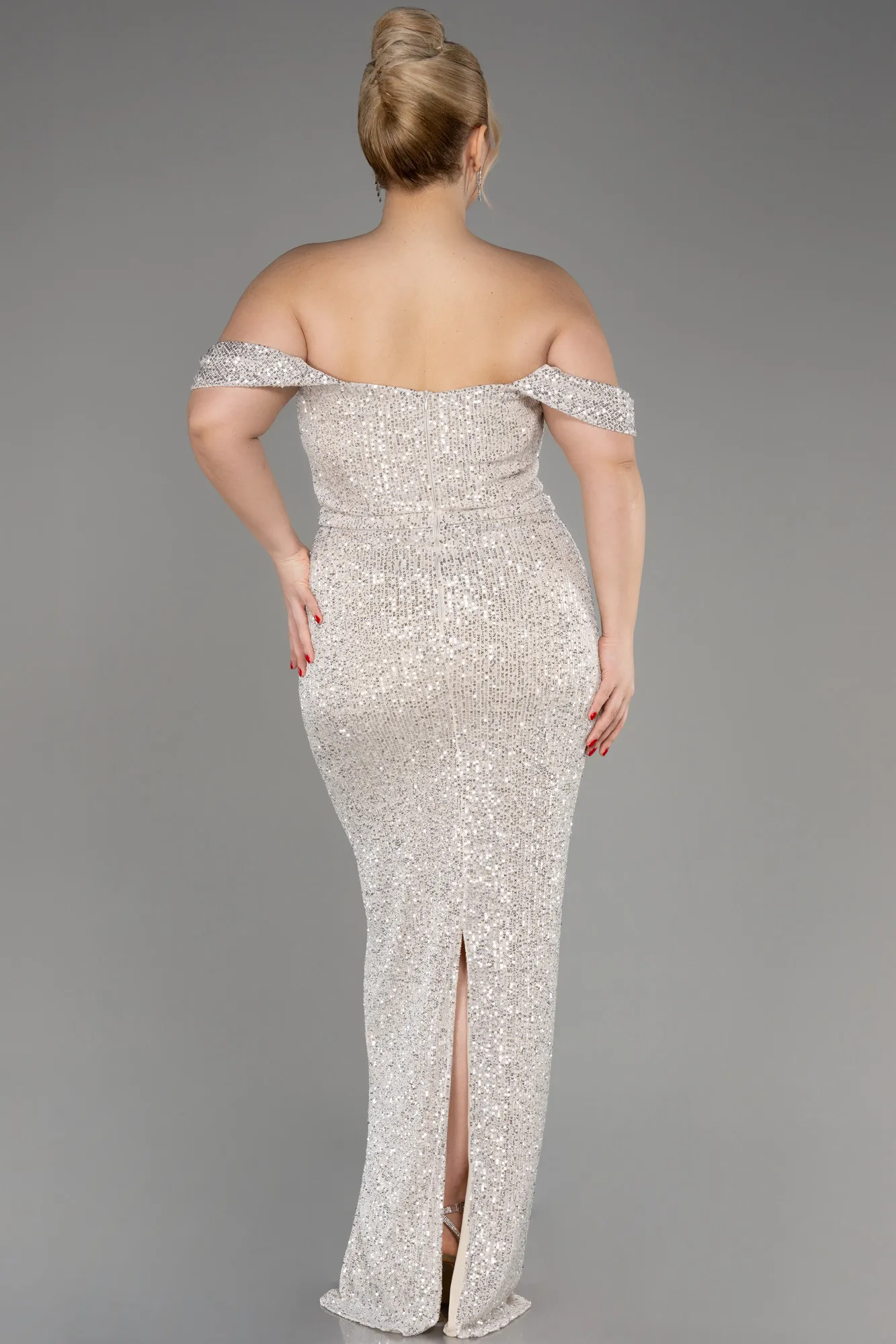 Mink-Shoulder Low Cut Long Sequin Plus Size Evening Dress ABU3919