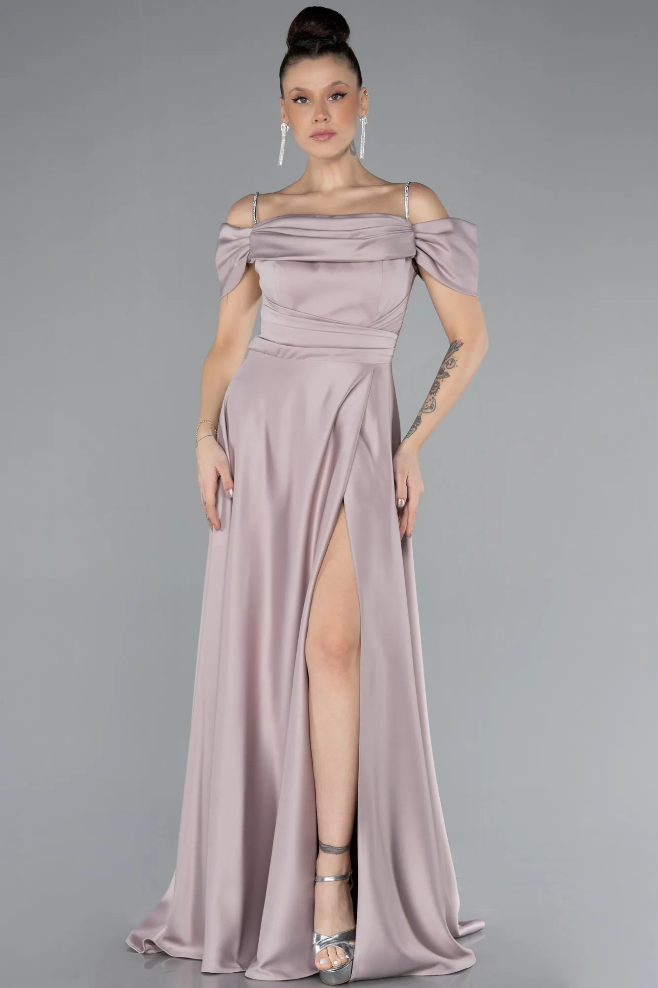 Mink-Slit Long Satin Prom Gown ABU4531