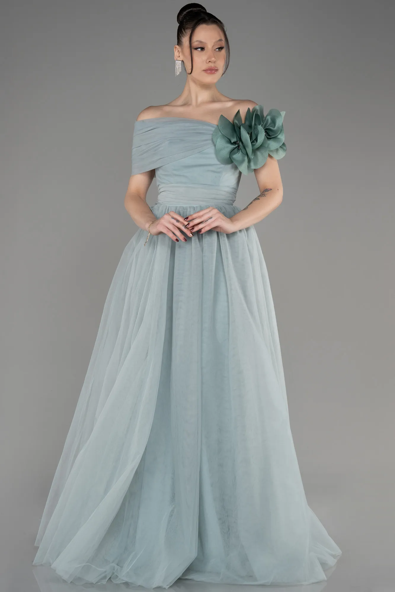 Mint-Boat Neck Long Princess Evening Dress ABU3958