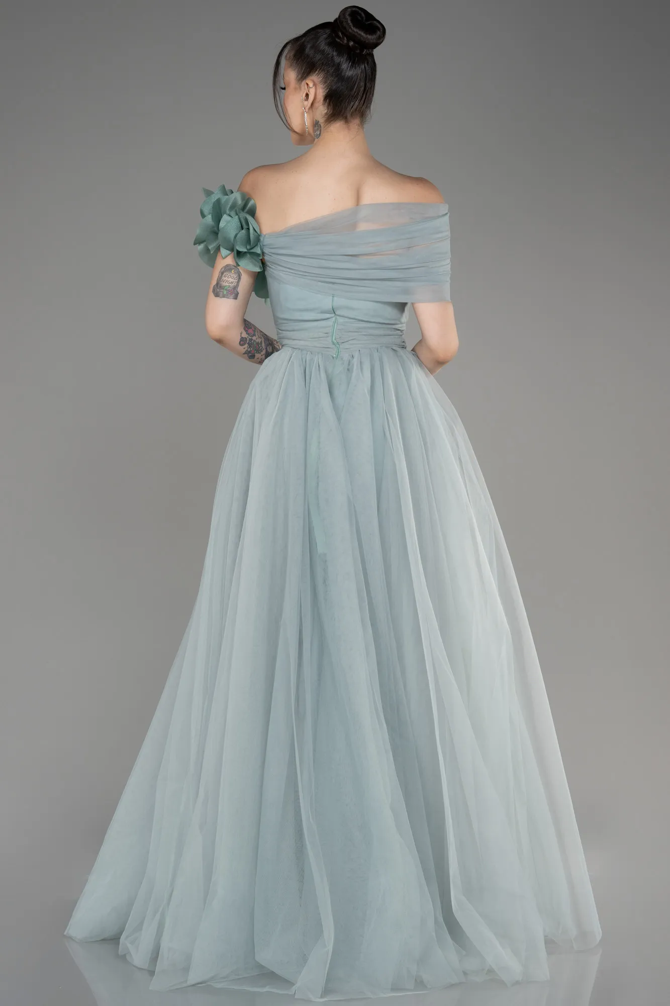 Mint-Boat Neck Long Princess Evening Dress ABU3958