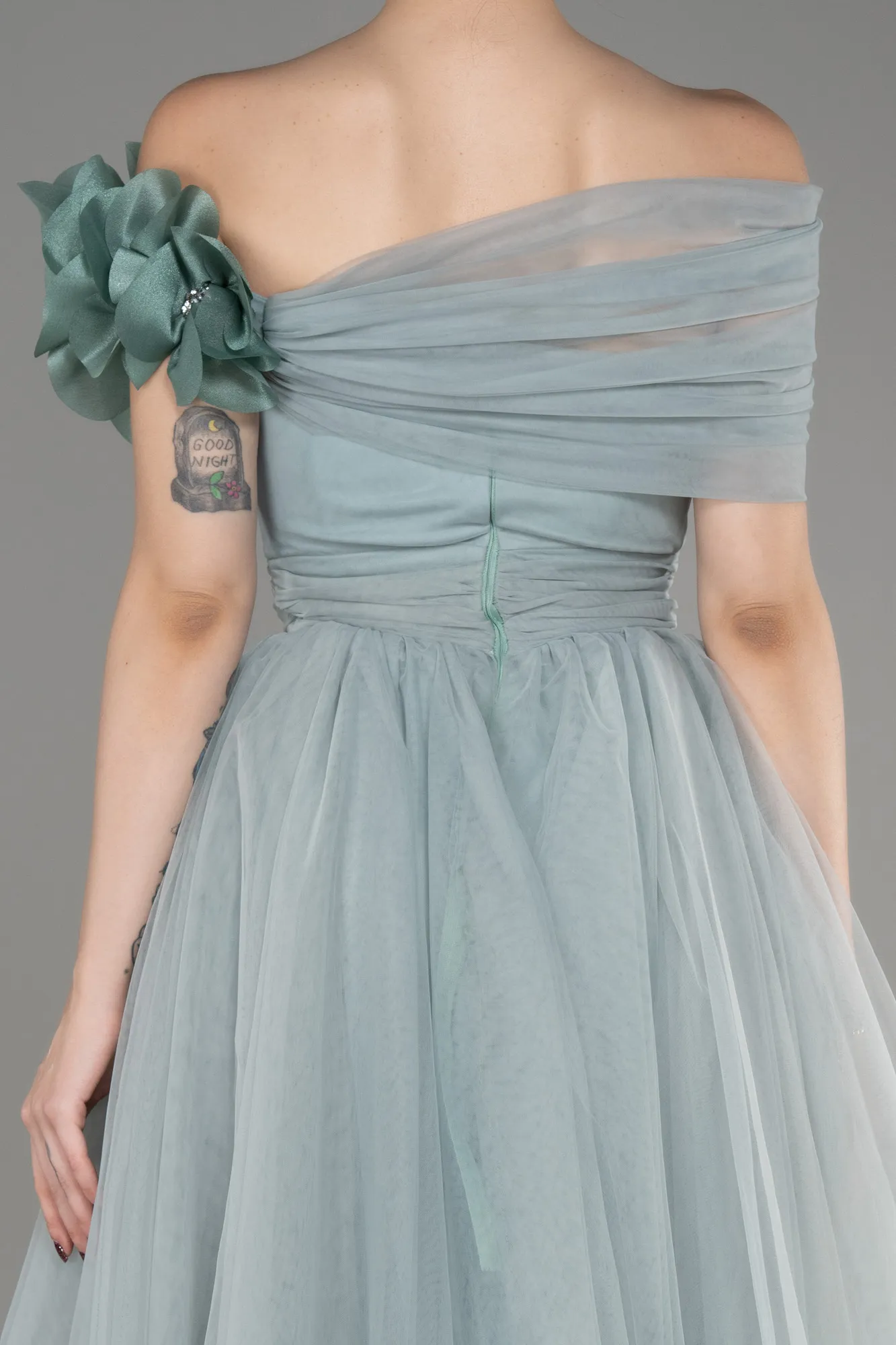 Mint-Boat Neck Long Princess Evening Dress ABU3958