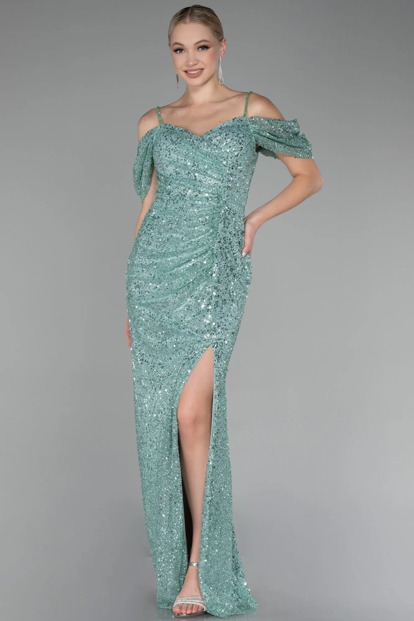 Mint-Boat Neck Long Scaly Plus Size Evening Gown ABU4082