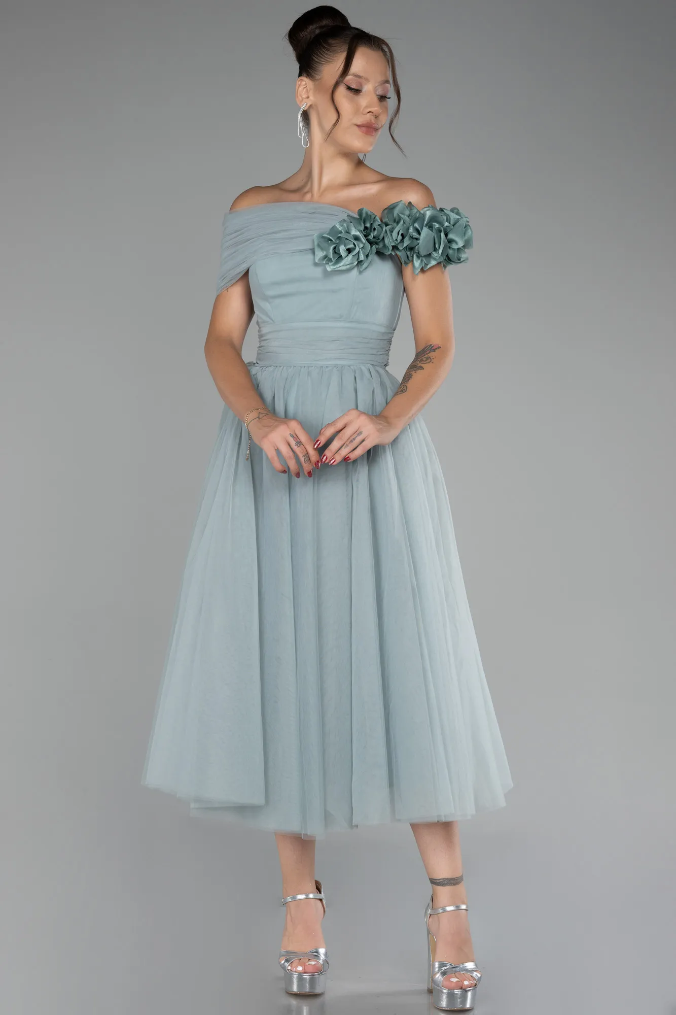 Mint-Boat Neck Midi Prom Dress ABK2122