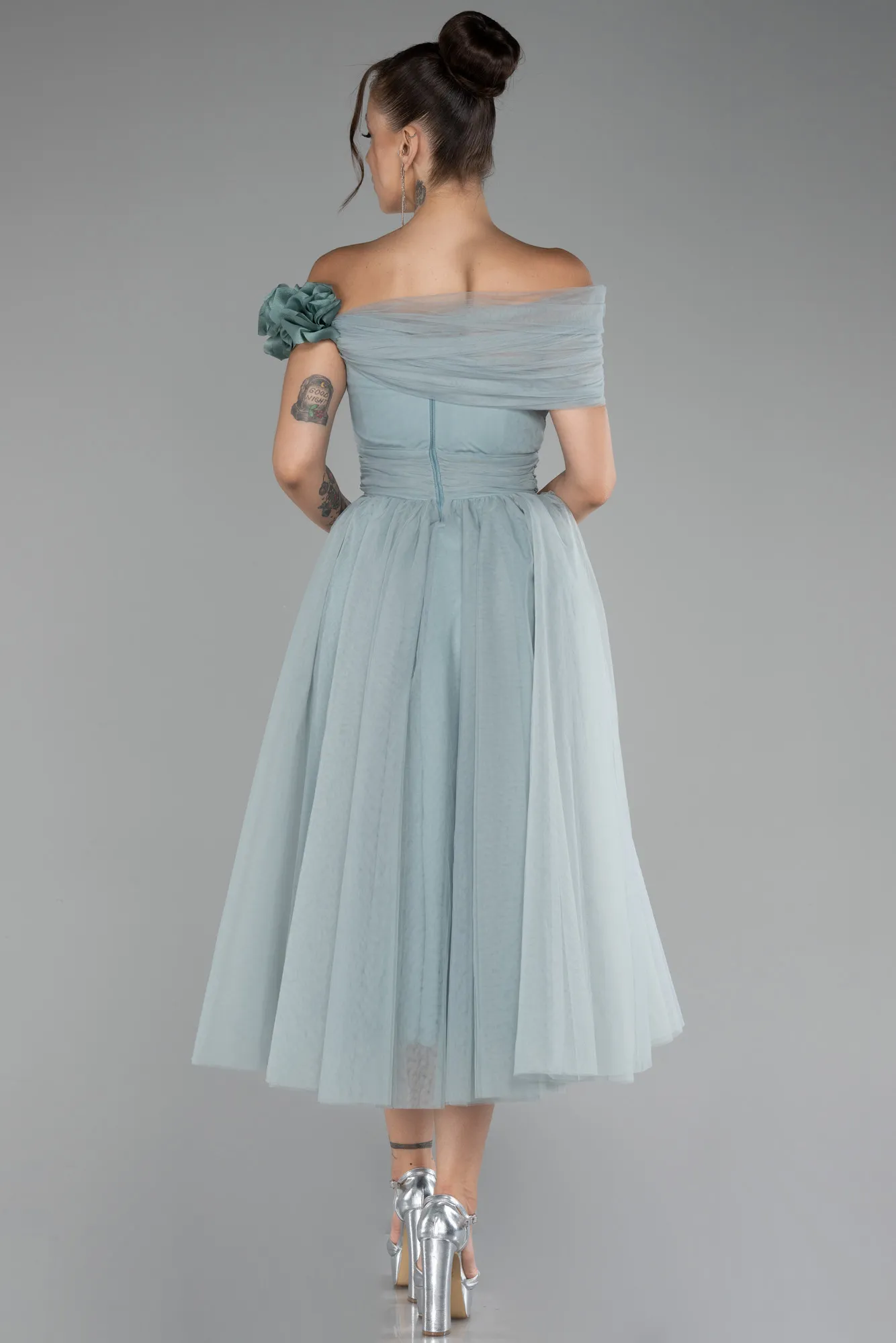 Mint-Boat Neck Midi Prom Dress ABK2122