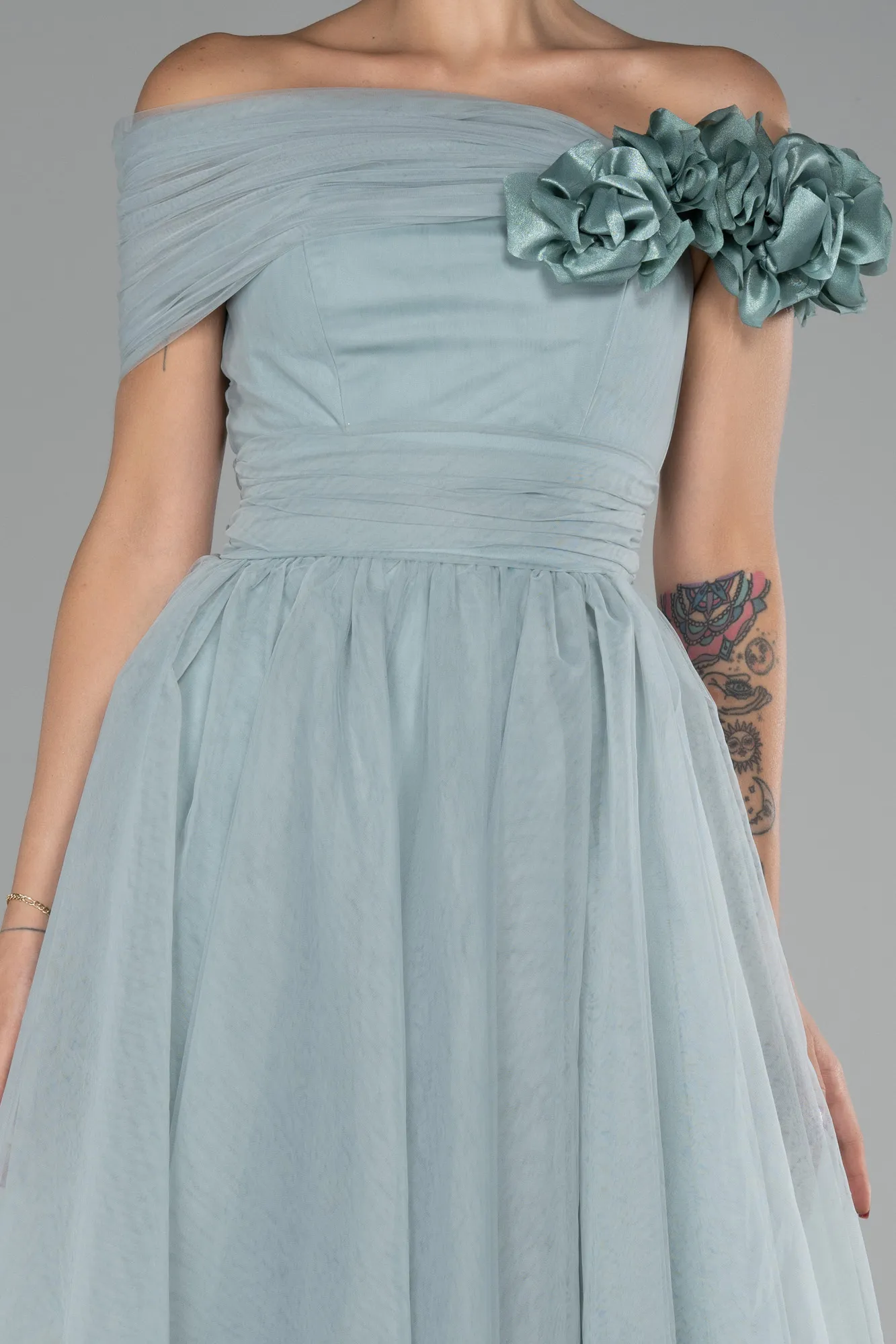 Mint-Boat Neck Midi Prom Dress ABK2122