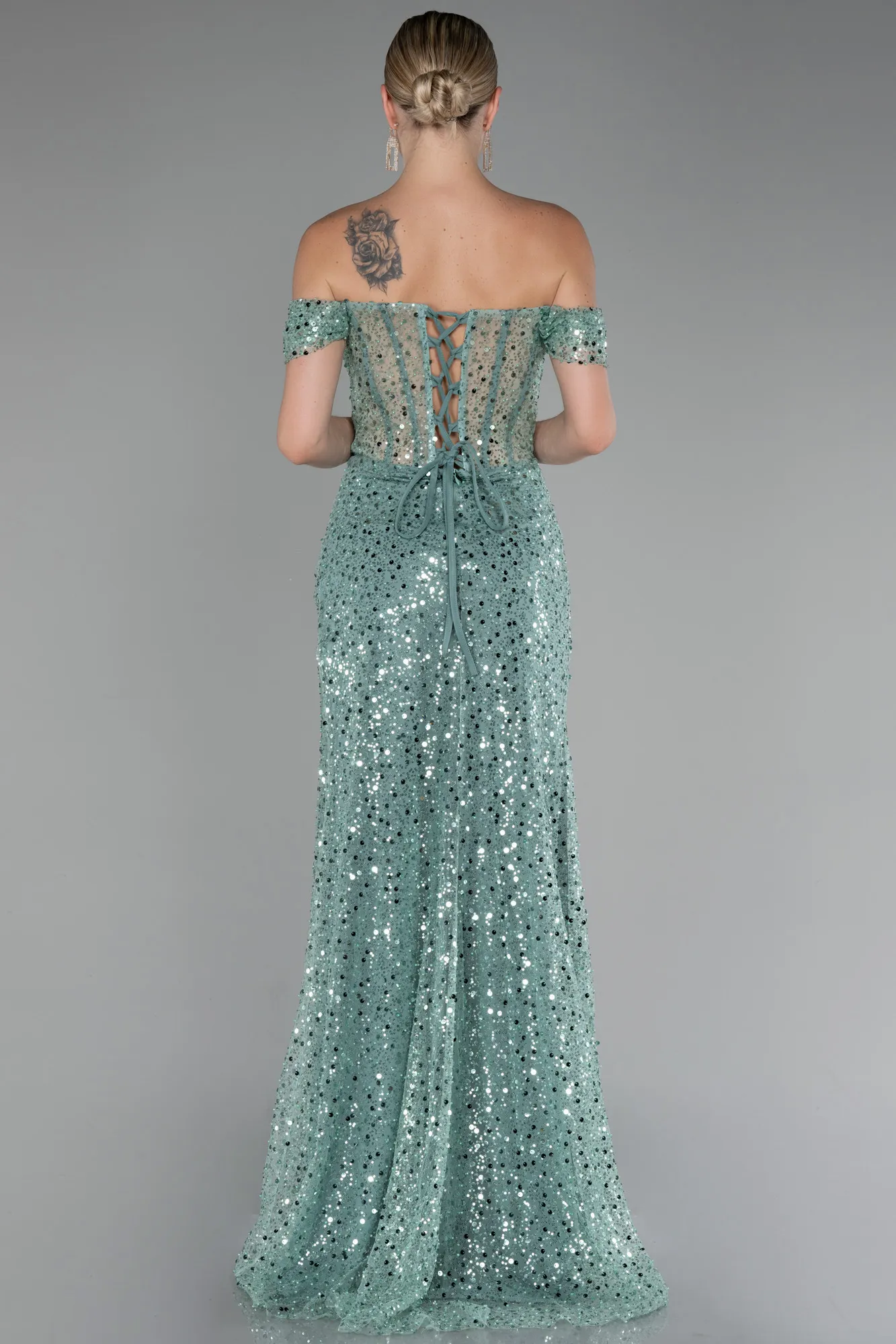 Mint-Boat Neck Slit Long Sequined Evening Gown ABU4120