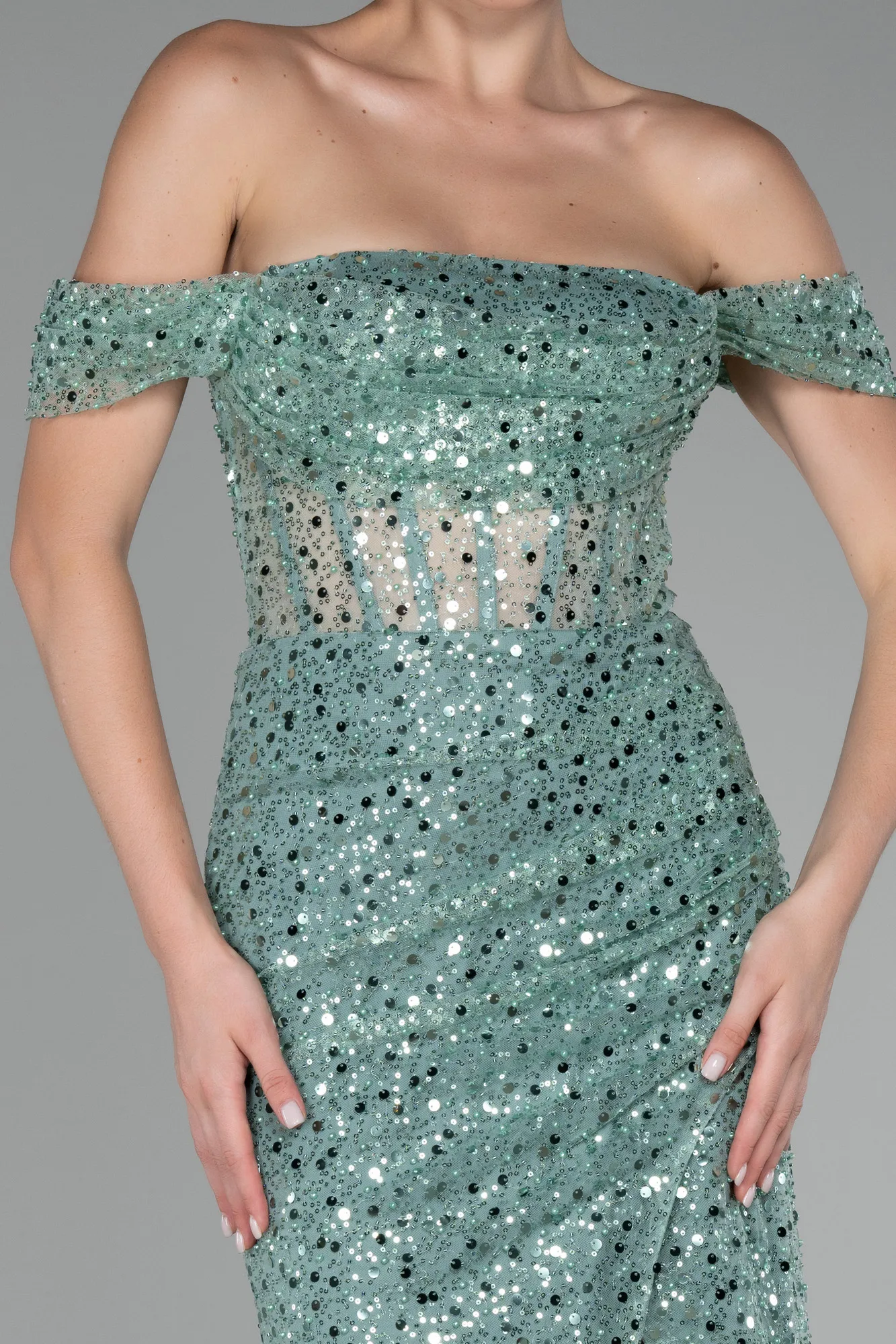 Mint-Boat Neck Slit Long Sequined Evening Gown ABU4120