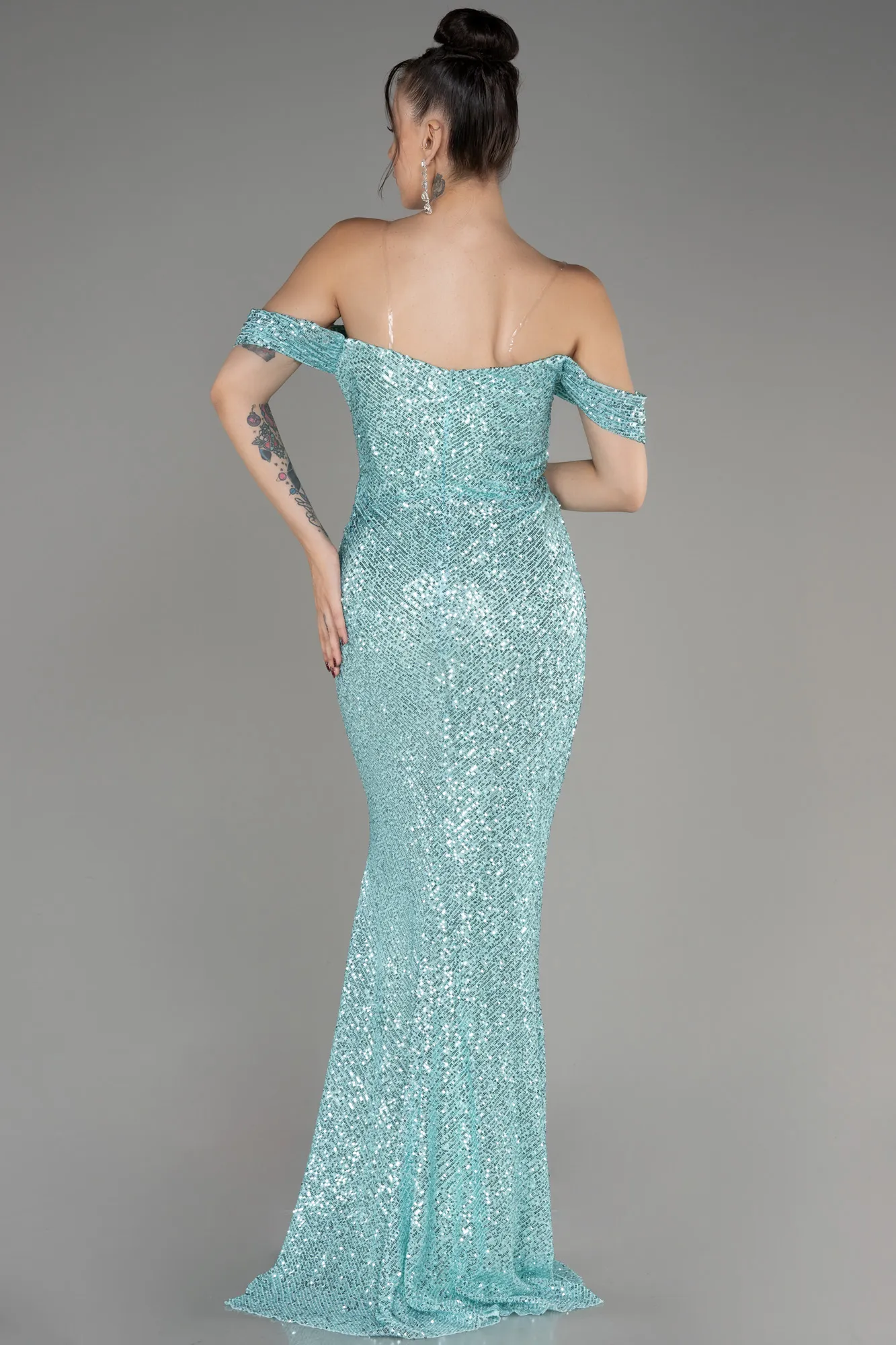 Mint-Boat Neck Slit Sequined Long Evening Dress ABU4040