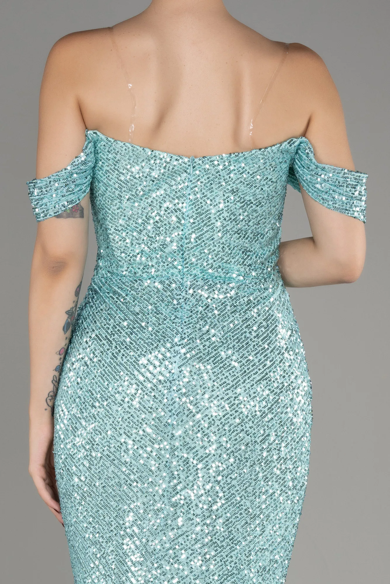 Mint-Boat Neck Slit Sequined Long Evening Dress ABU4040