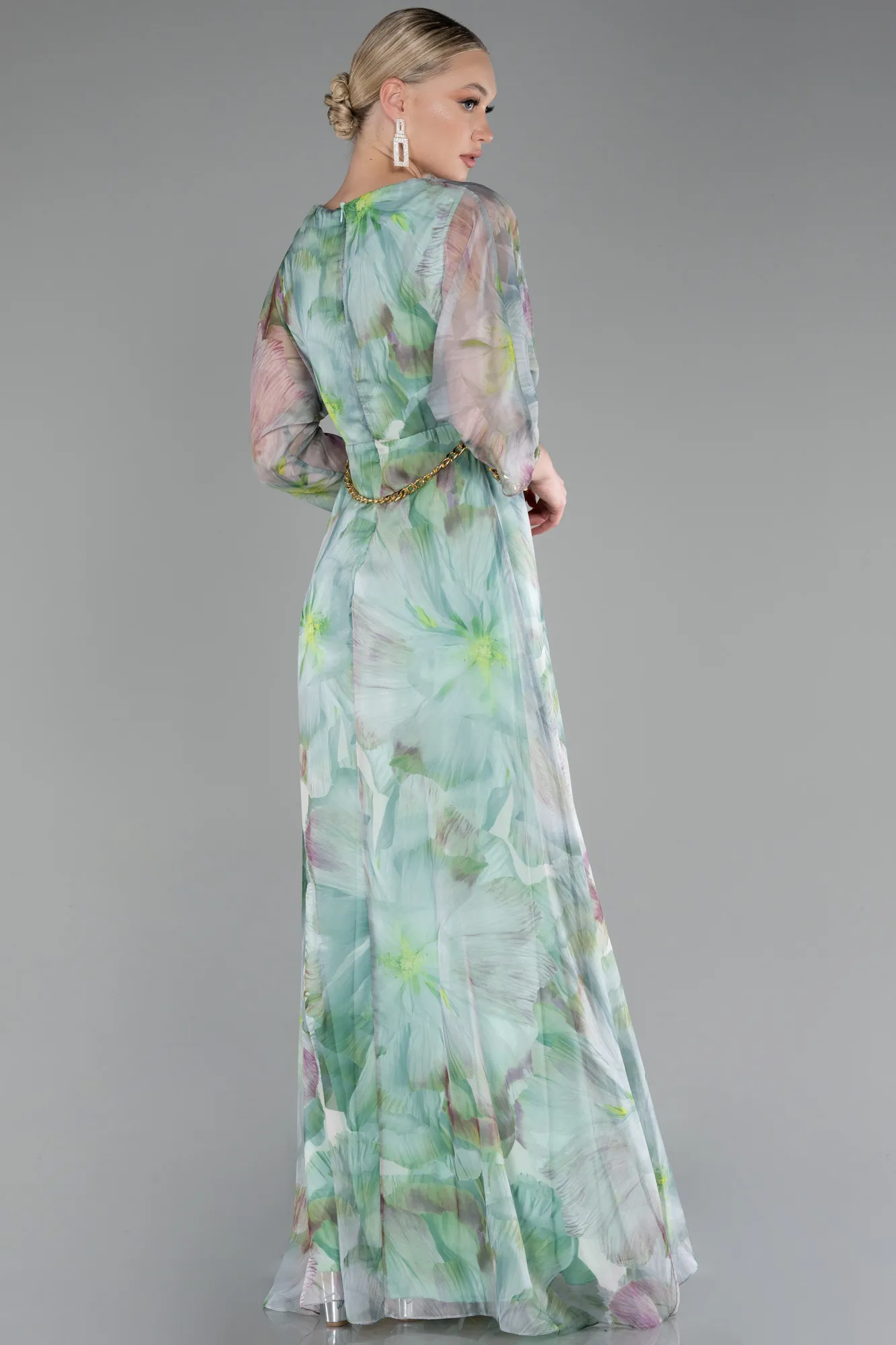 Mint-Capri Sleeve Patterned Chiffon Evening Dress ABU4181