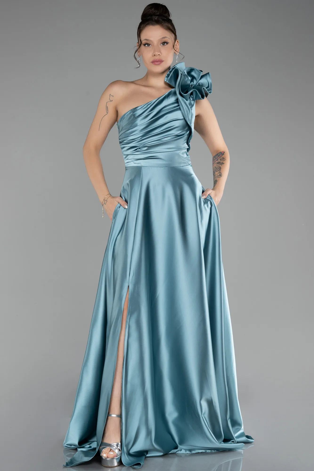 Mint-Long Satin Evening Dress ABU4189