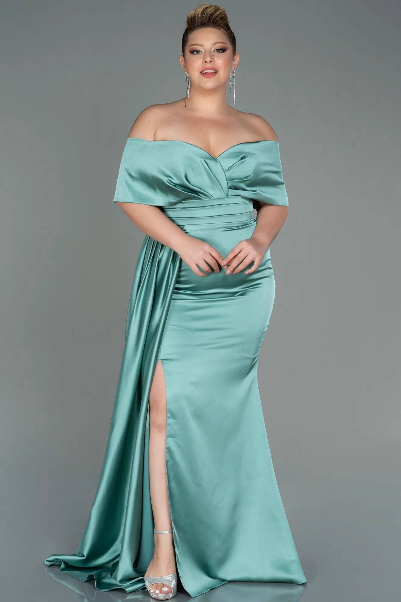 Mint-Long Satin Plus Size Evening Dress ABU2873