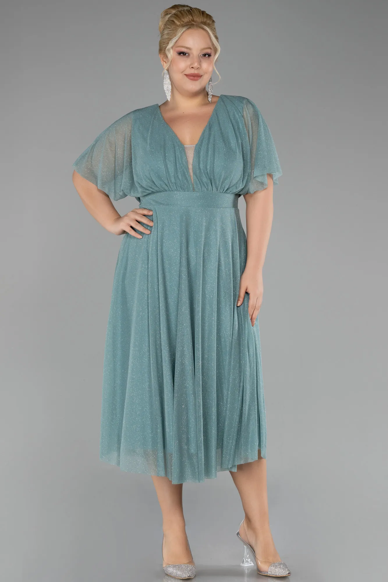 Mint-Midi Plus Size Evening Dress ABK1253