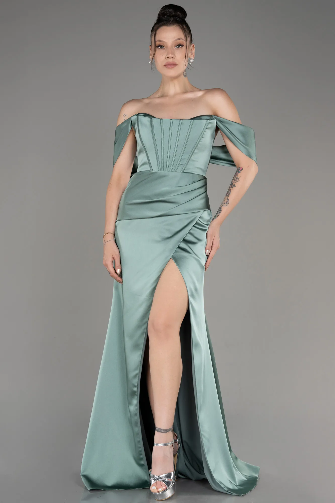 Mint-Off Shoulder Slit Satin Prom Dress ABU3964