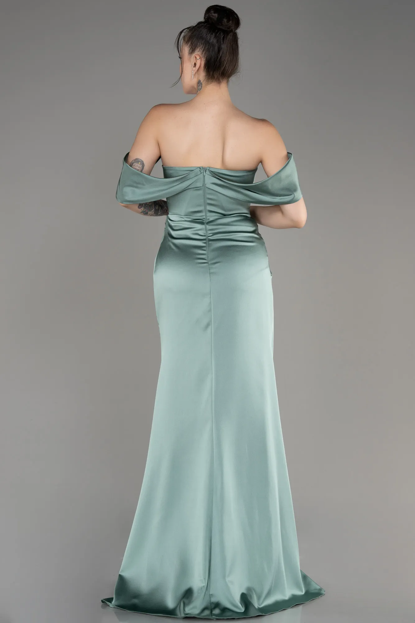 Mint-Off Shoulder Slit Satin Prom Dress ABU3964