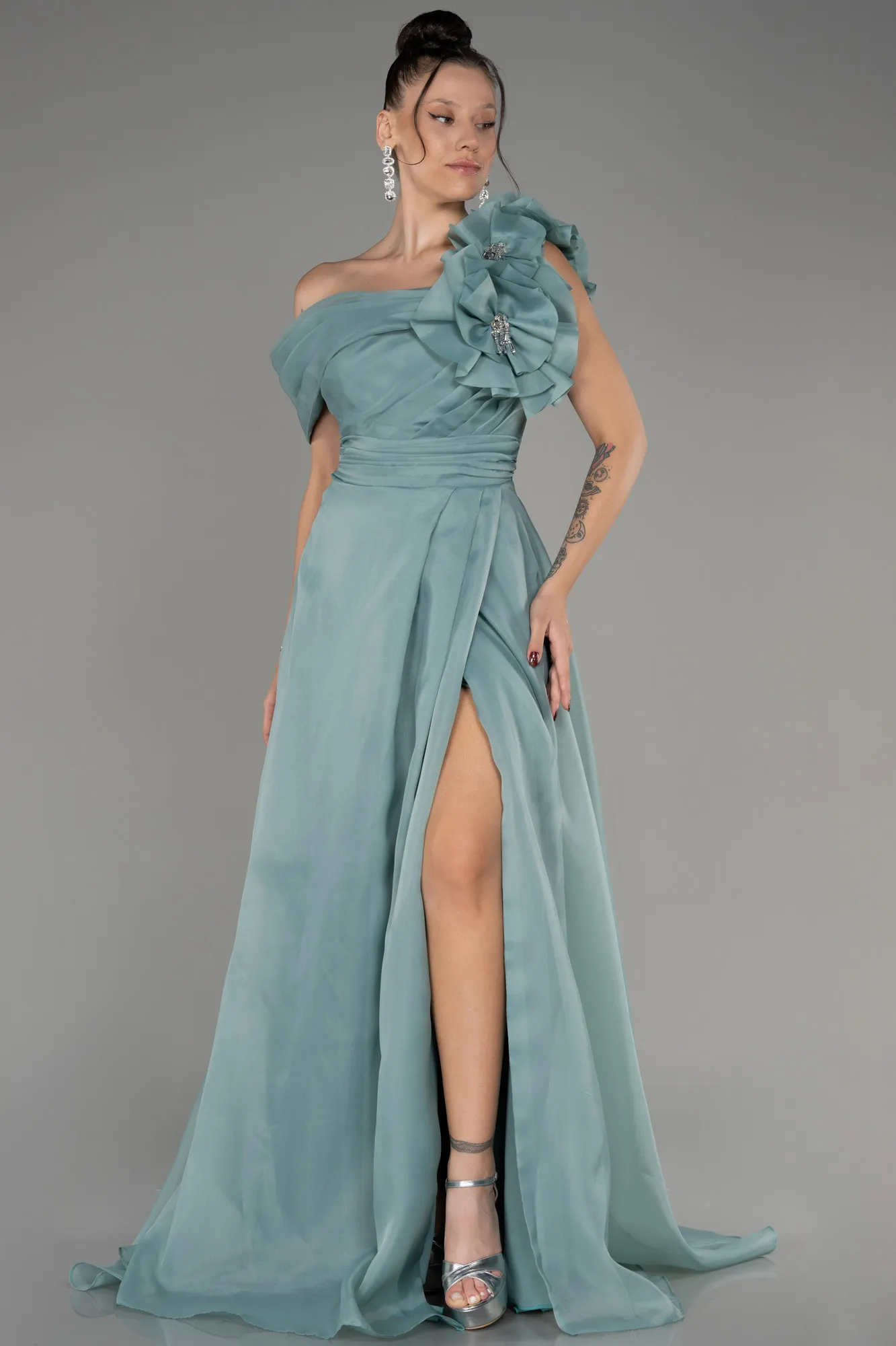 Mint-Off The Shoulder Slit Ball Gown Dress ABU4044