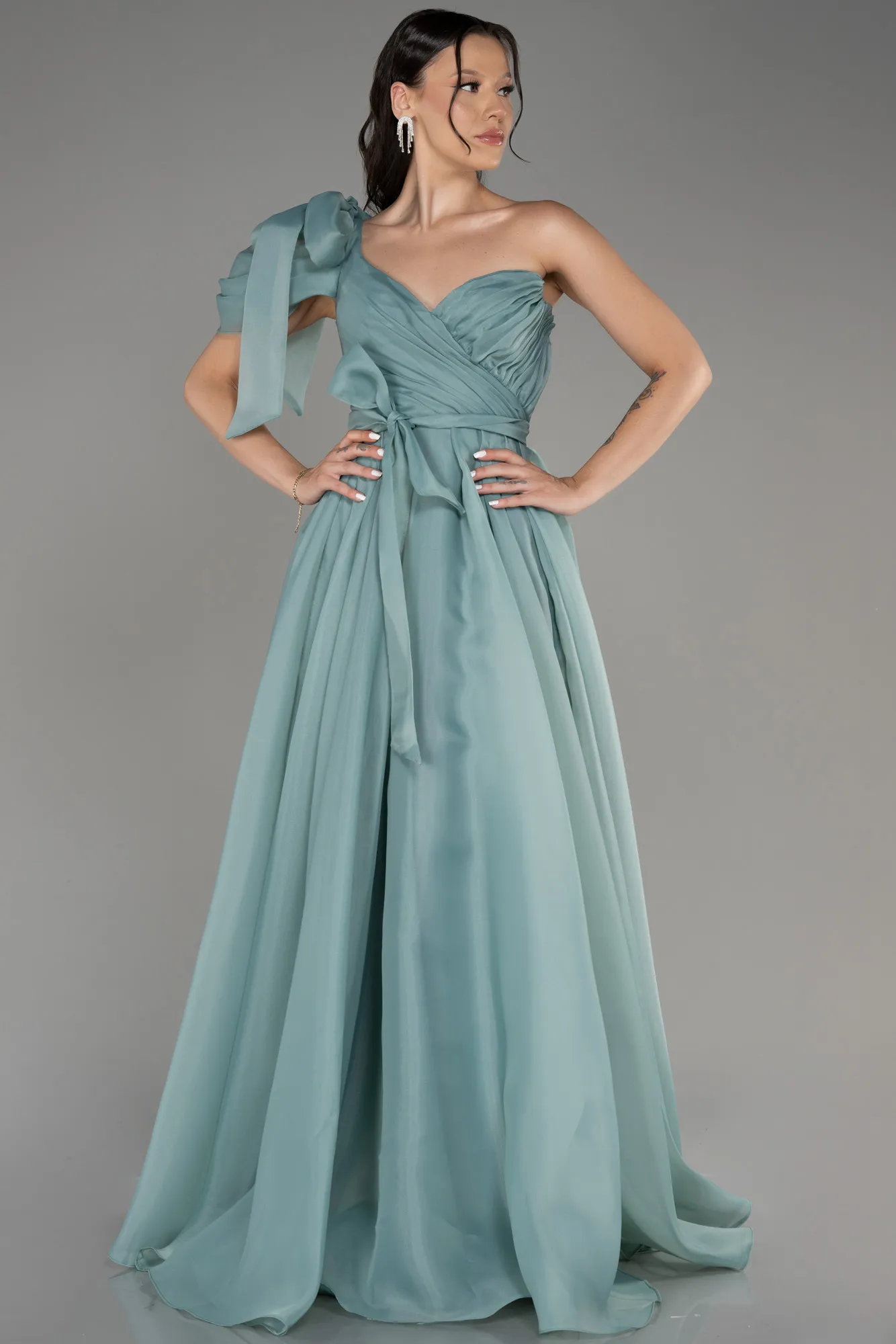 Mint-One Shoulder Long Ball Gown Dress ABU3984