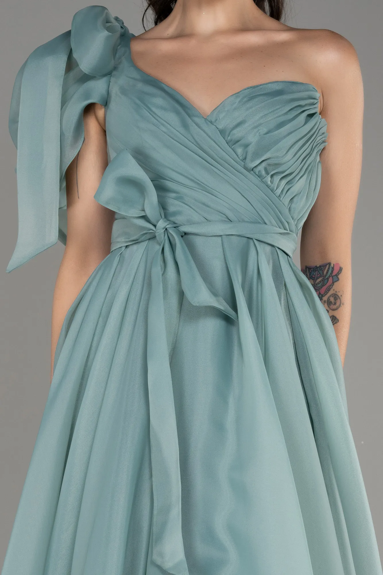 Mint-One Shoulder Long Ball Gown Dress ABU3984