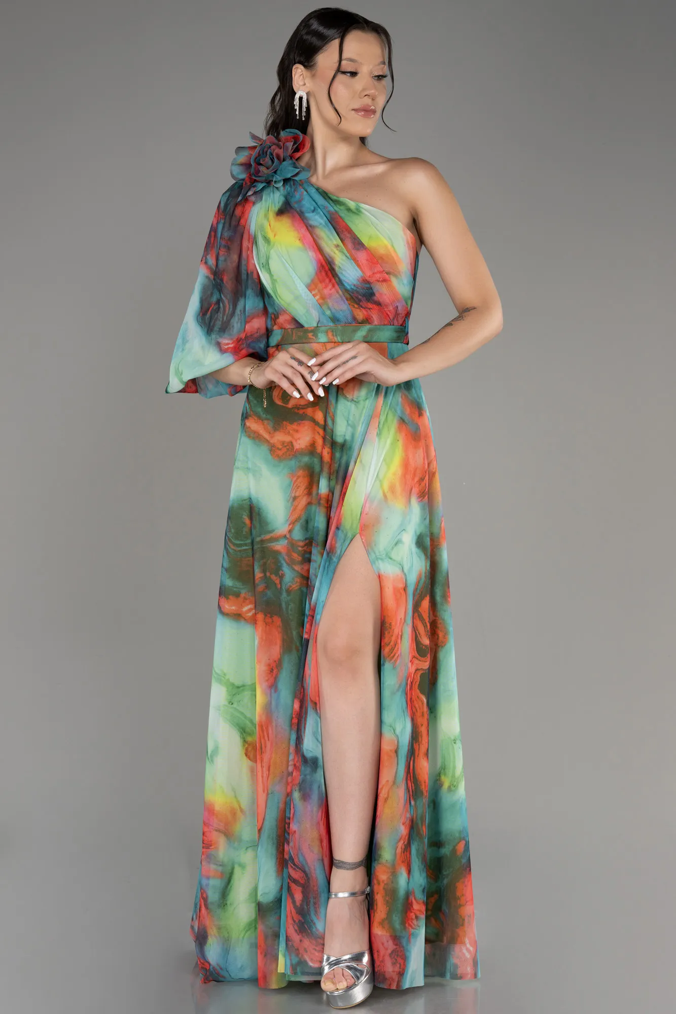 Mint-One Shoulder Slit Long Printed Evening Dress ABU3951