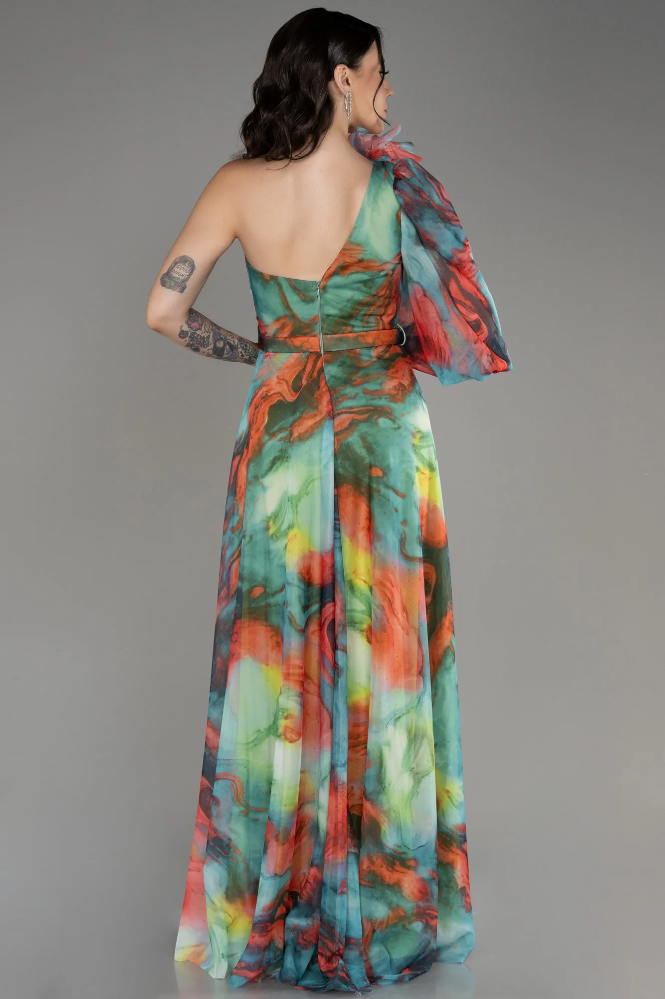 Mint-One Shoulder Slit Long Printed Evening Dress ABU3951