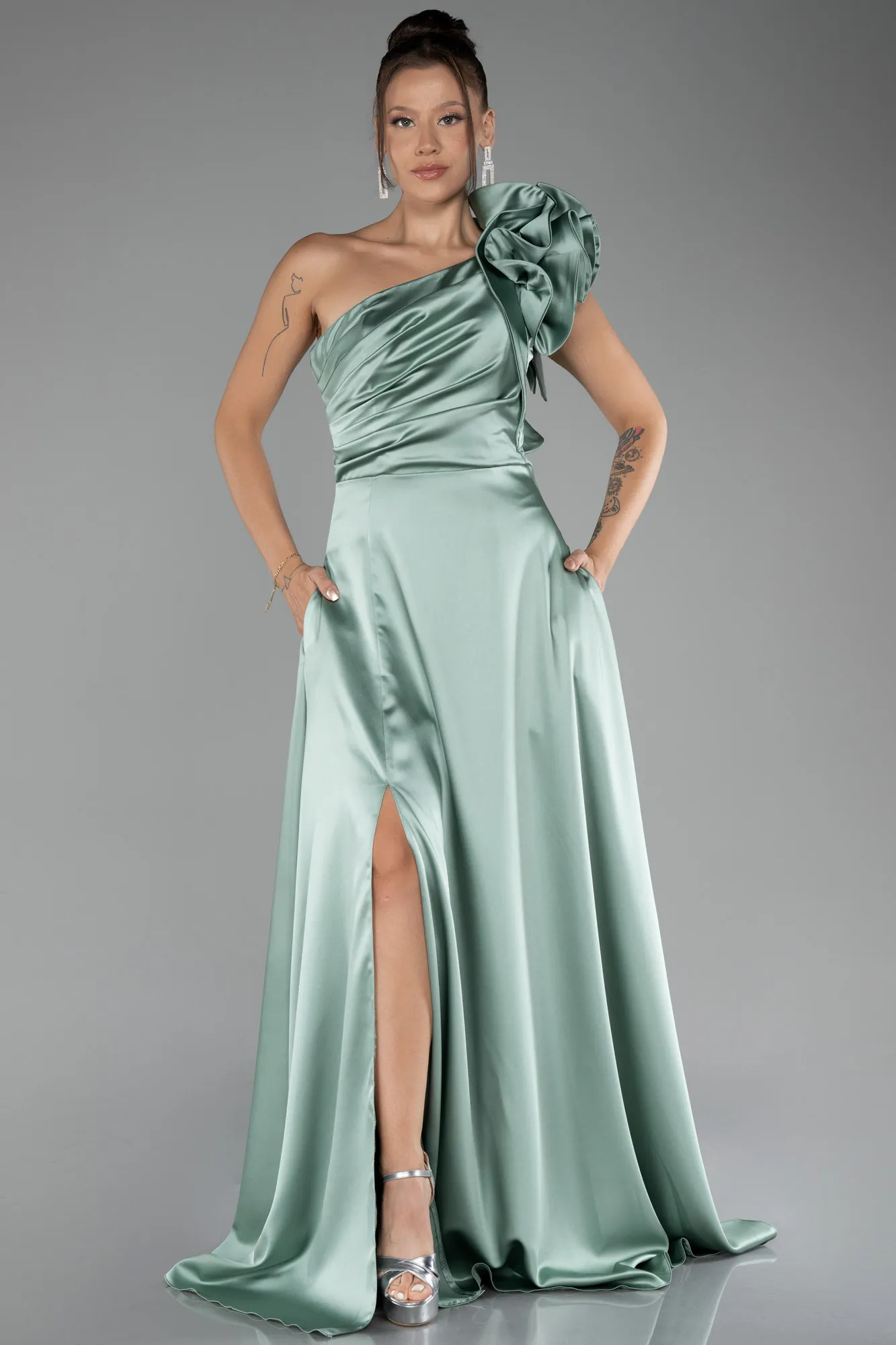 Mint-One Shoulder Slit Long Satin Evening Dress ABU4092