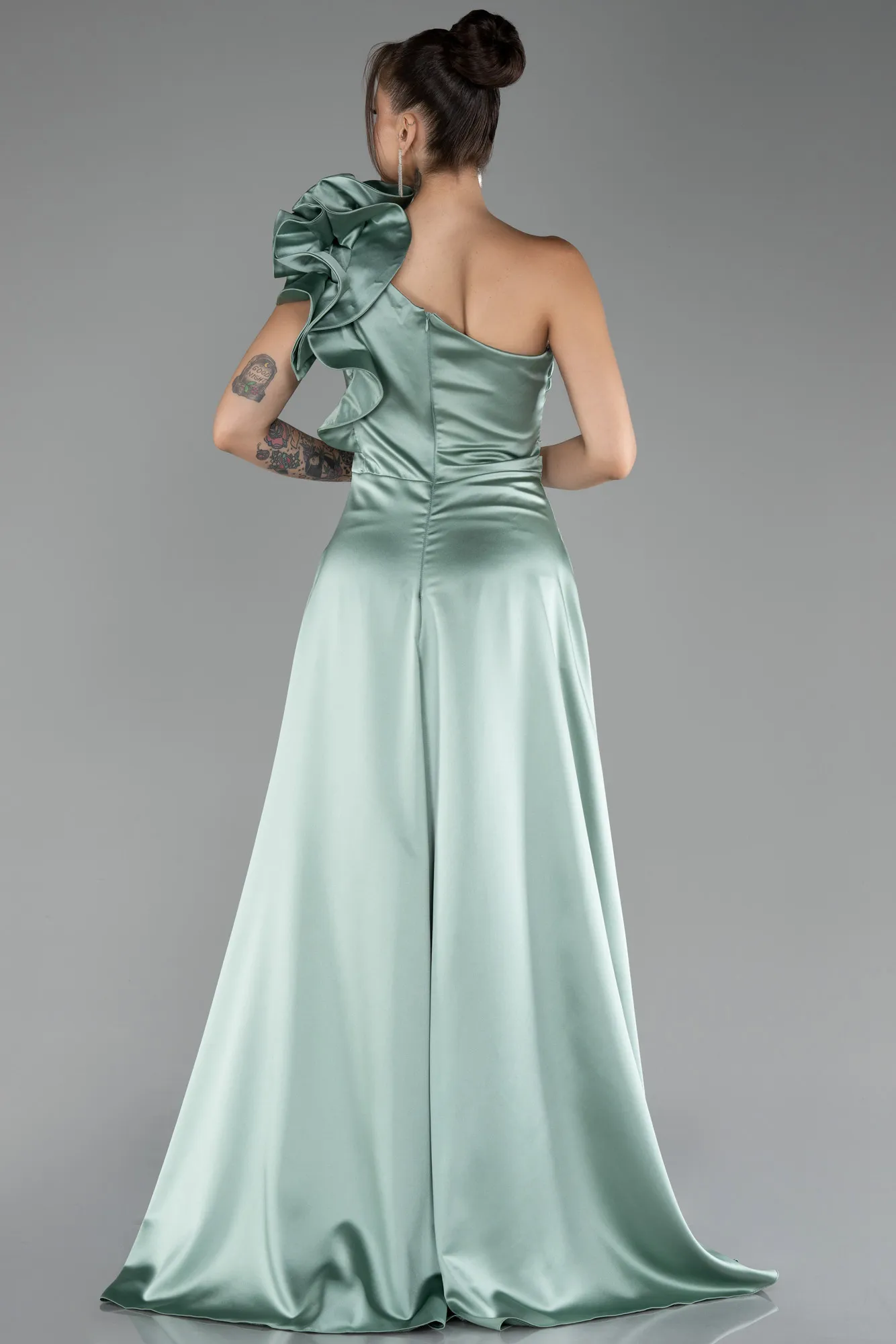 Mint-One Shoulder Slit Long Satin Evening Dress ABU4092