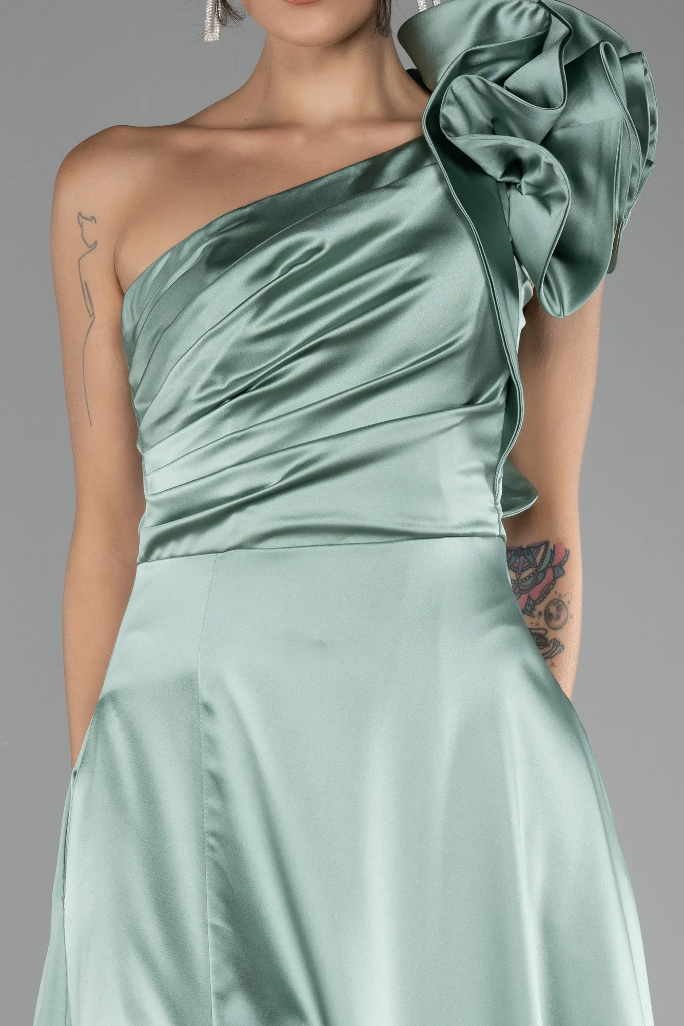 Mint-One Shoulder Slit Long Satin Evening Dress ABU4092