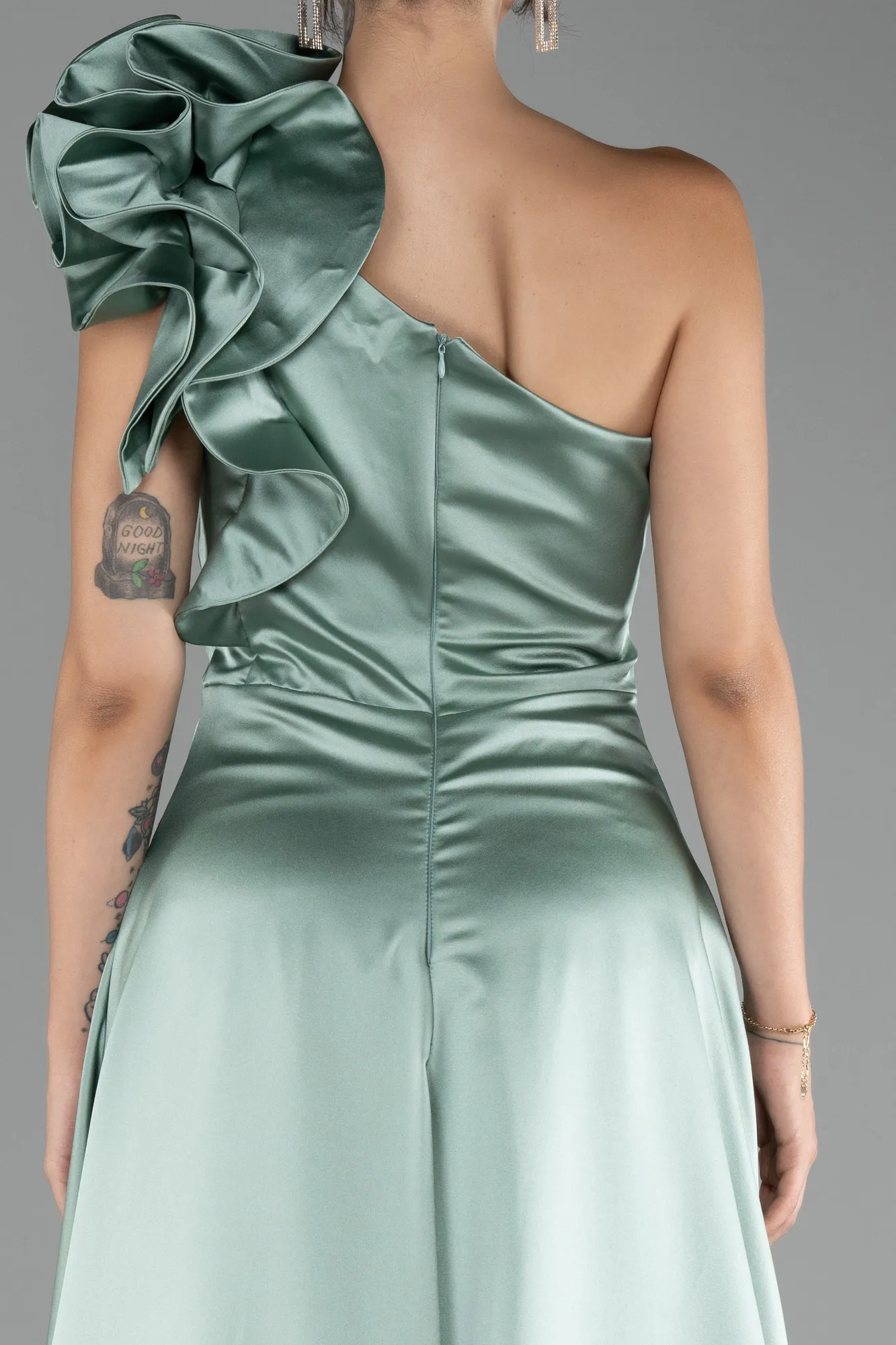 Mint-One Shoulder Slit Long Satin Evening Dress ABU4092