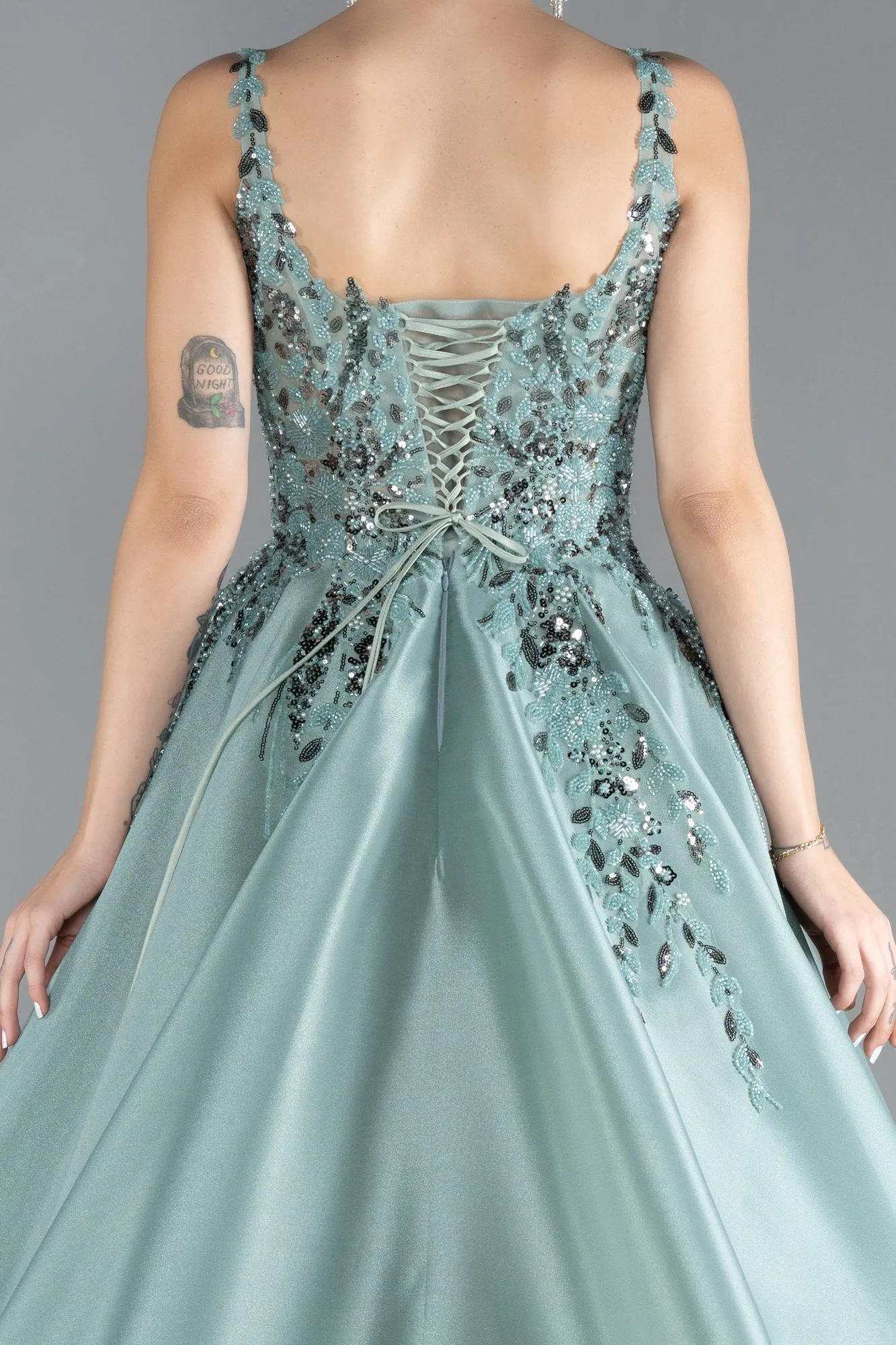 Mint-Sleeveless Embroidered Long Haute Couture Dress ABU4447