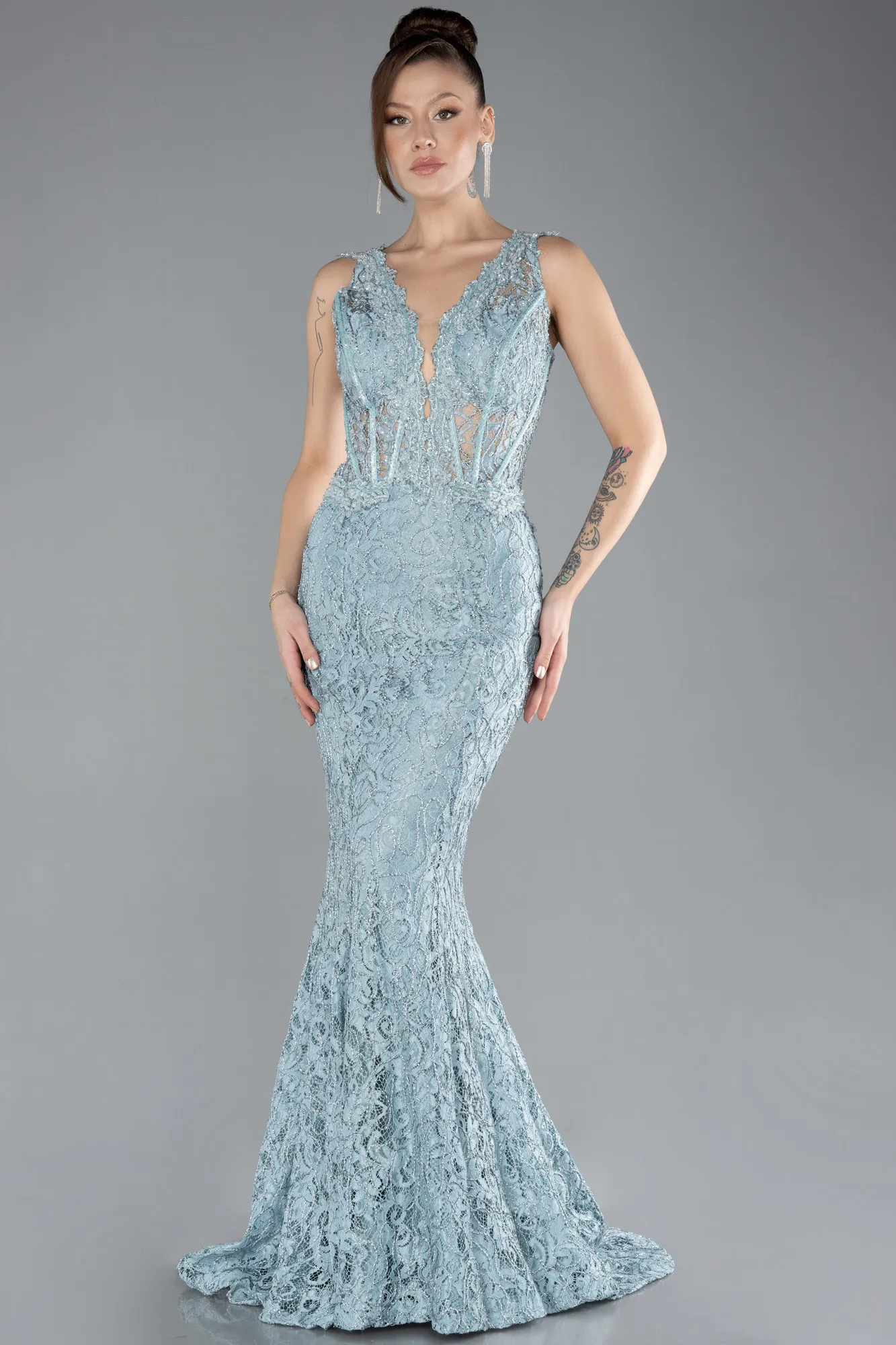 Mint-Sleeveless Laced Long Mermaid Prom Gown ABU4493