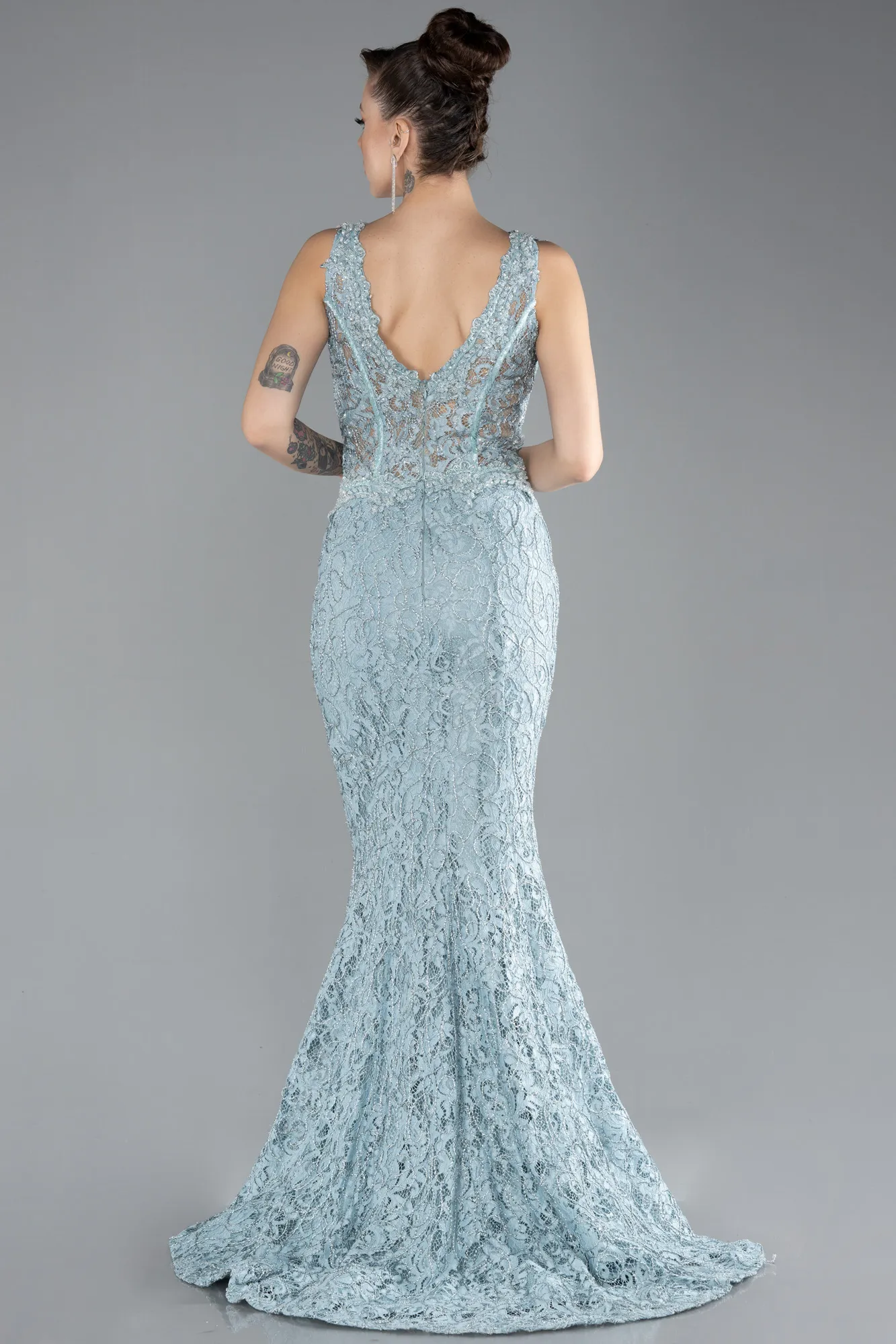 Mint-Sleeveless Laced Long Mermaid Prom Gown ABU4493