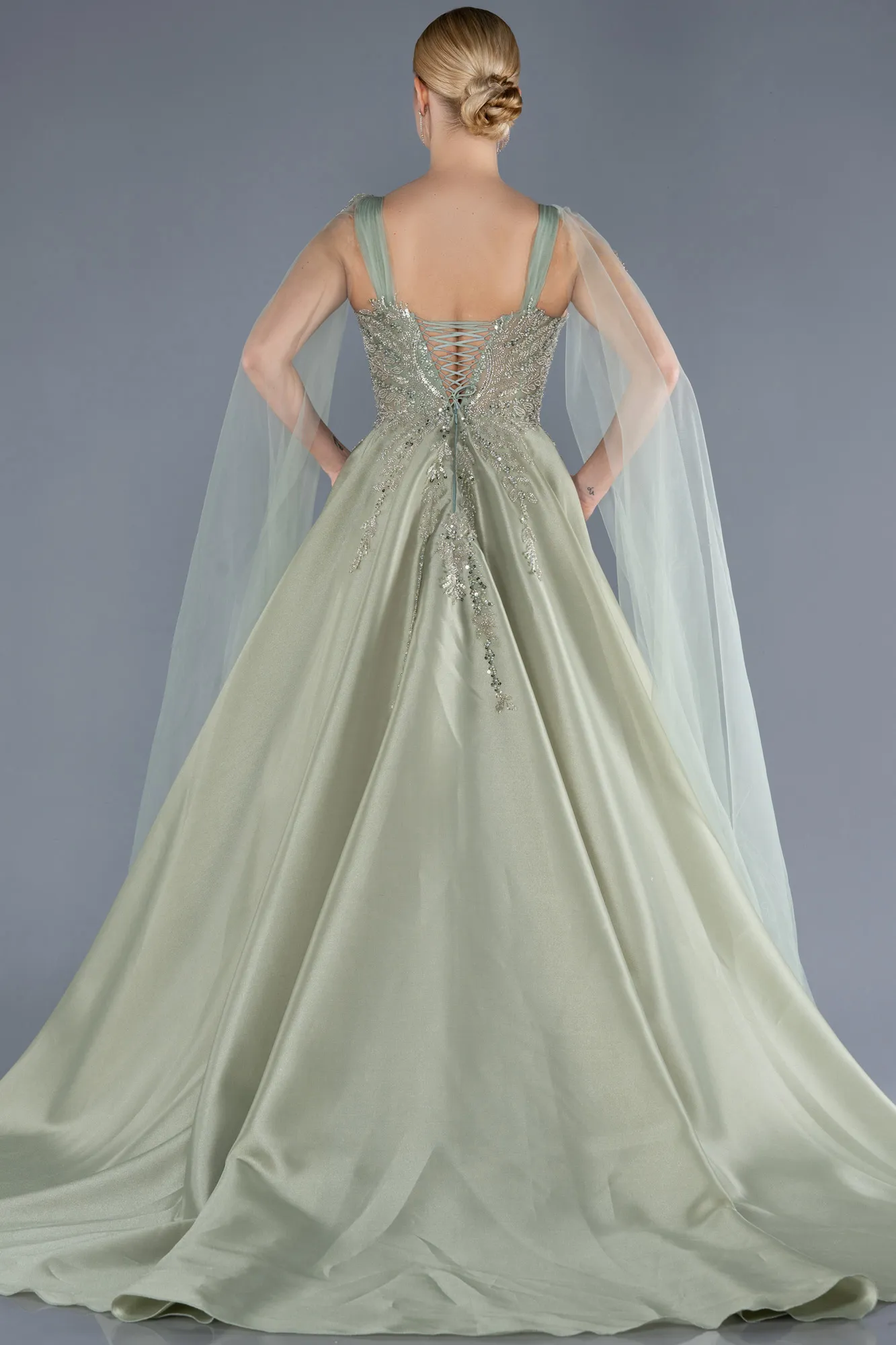 Mint-Sleeveless Stoned Long Haute Couture Dress ABU4432