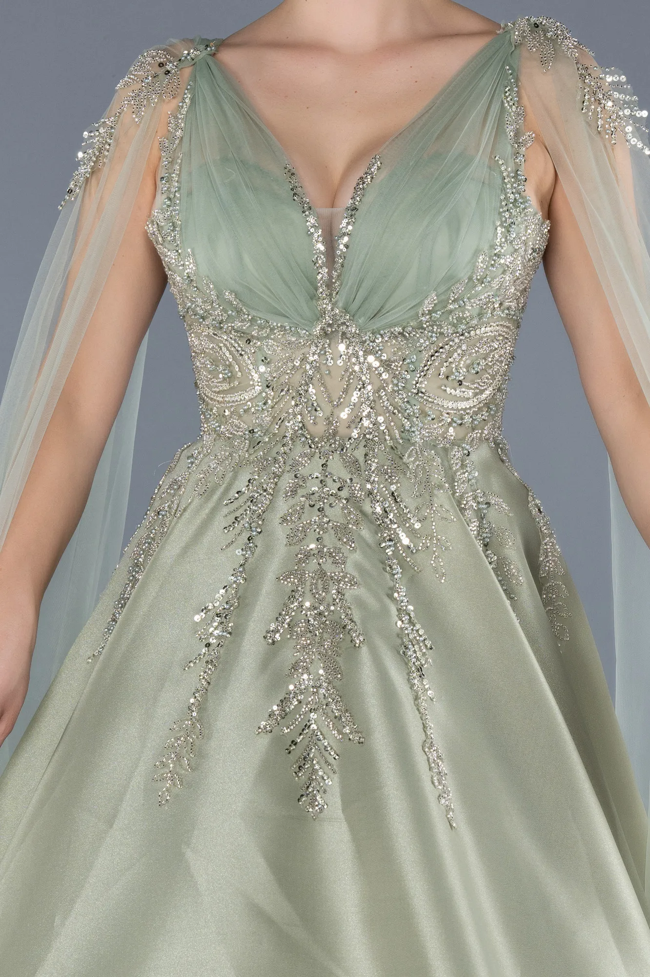 Mint-Sleeveless Stoned Long Haute Couture Dress ABU4432