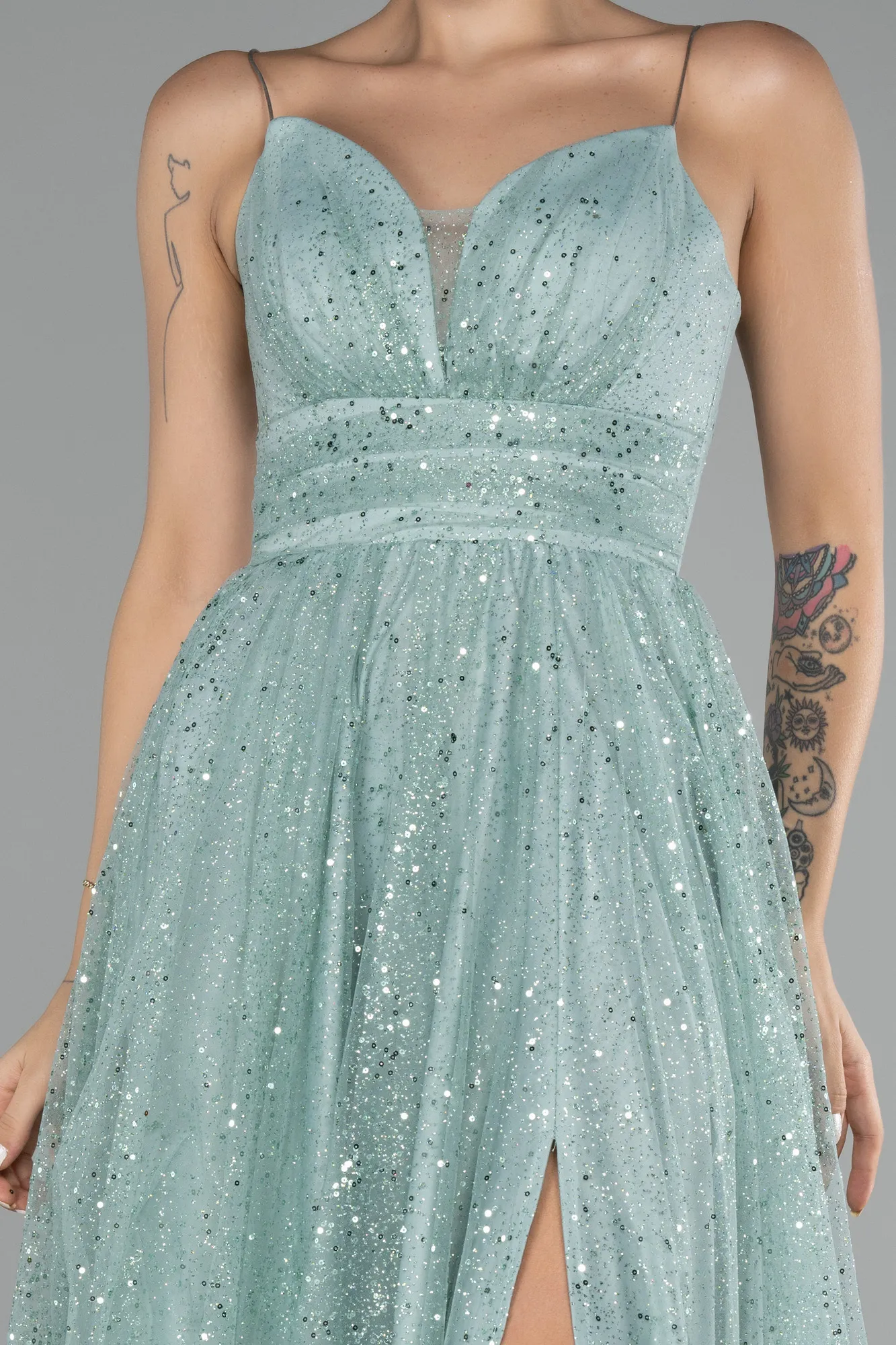 Mint-Slit Long Glitter Prom Gown ABU4152