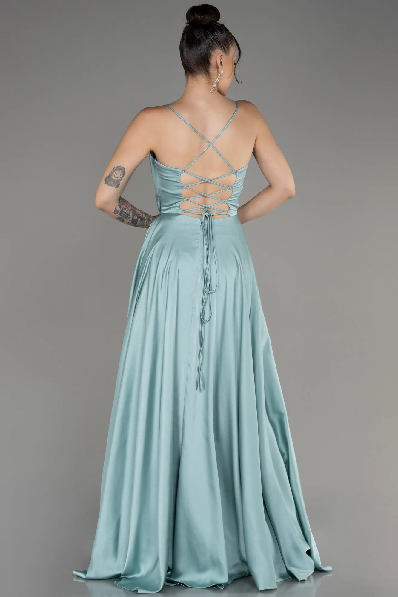 Mint-Slit Long Satin Prom Dress ABU4017