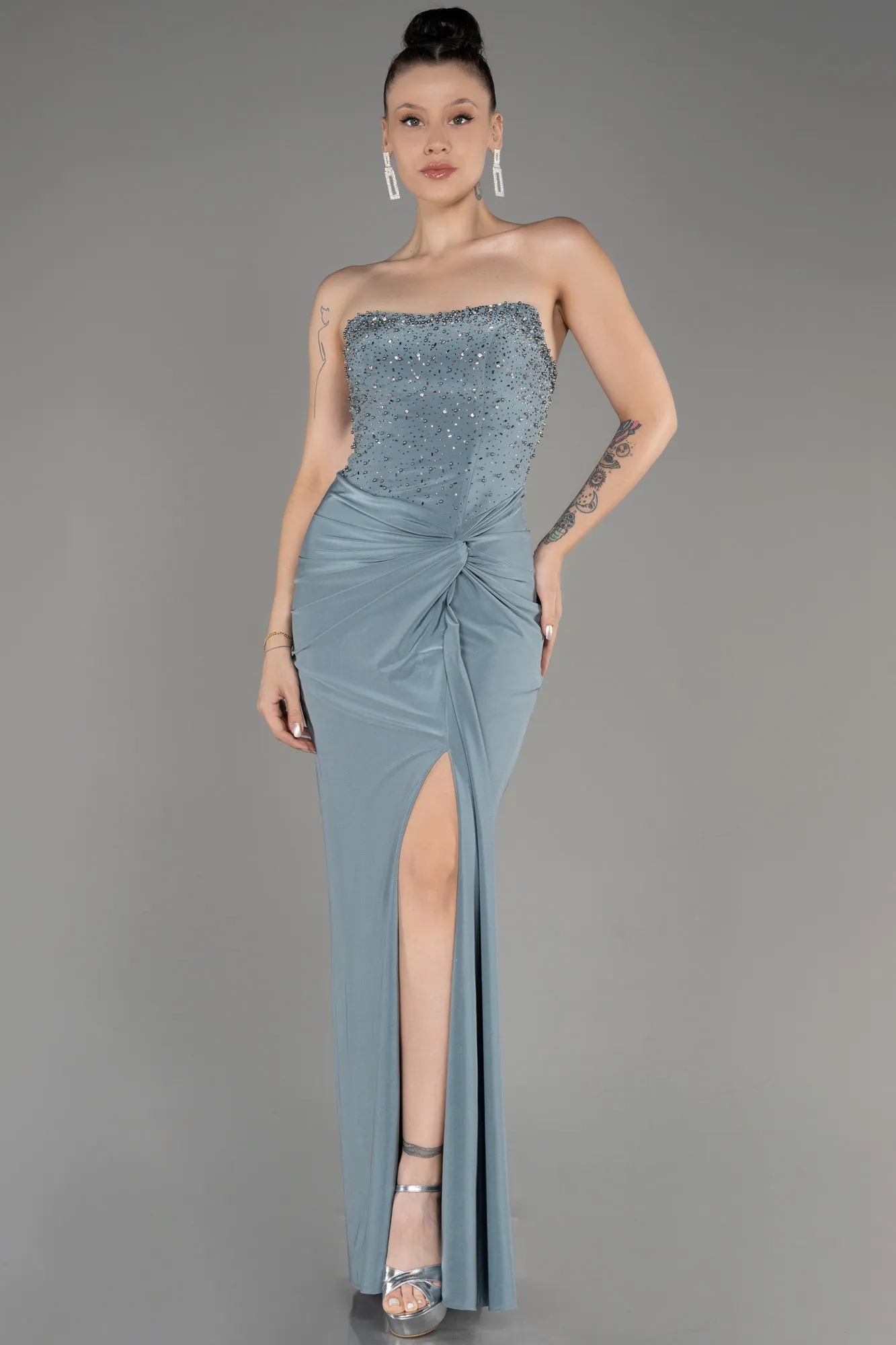 Mint-Strapless Slit Long Evening Dress ABU3977