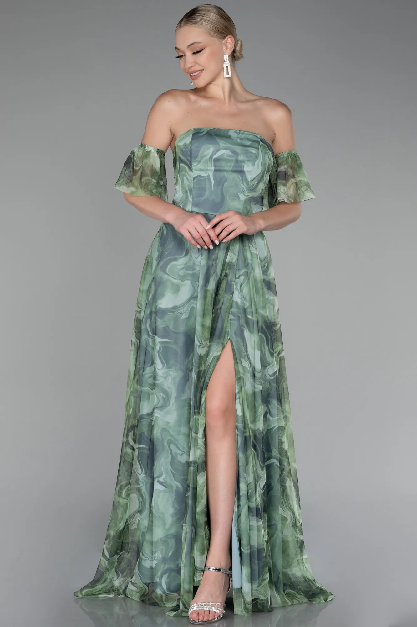 Mint-Strapless Slit Long Printed Prom Dress ABU4129