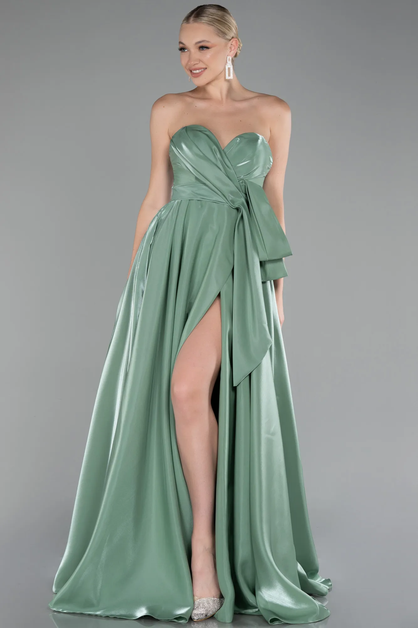 Mint-Strapless Slit Long Satin Prom Gown ABU4187