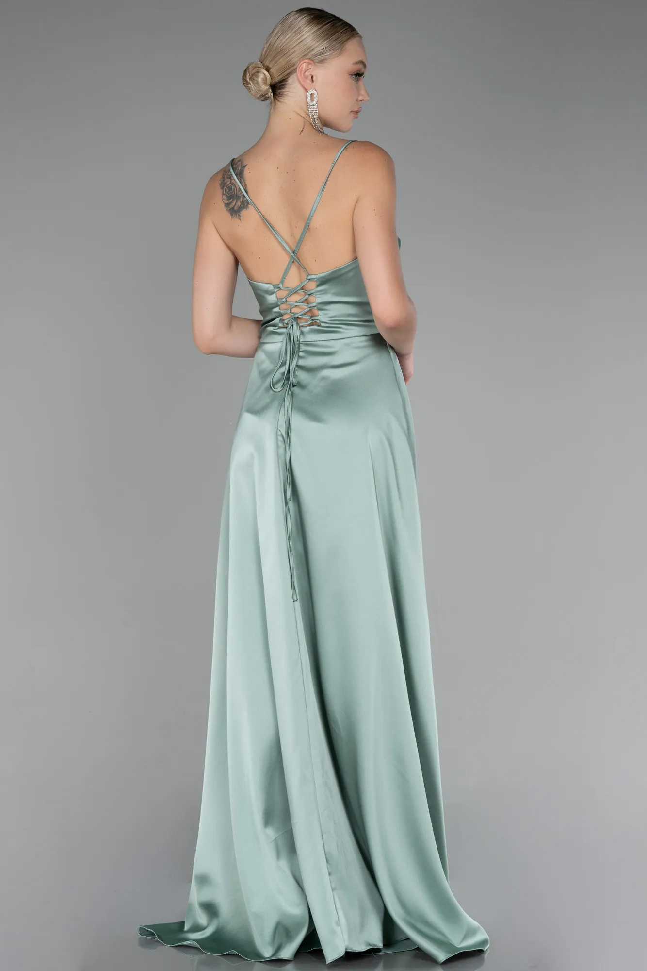 Mint-Strappy Long Satin Prom Gown ABU4073