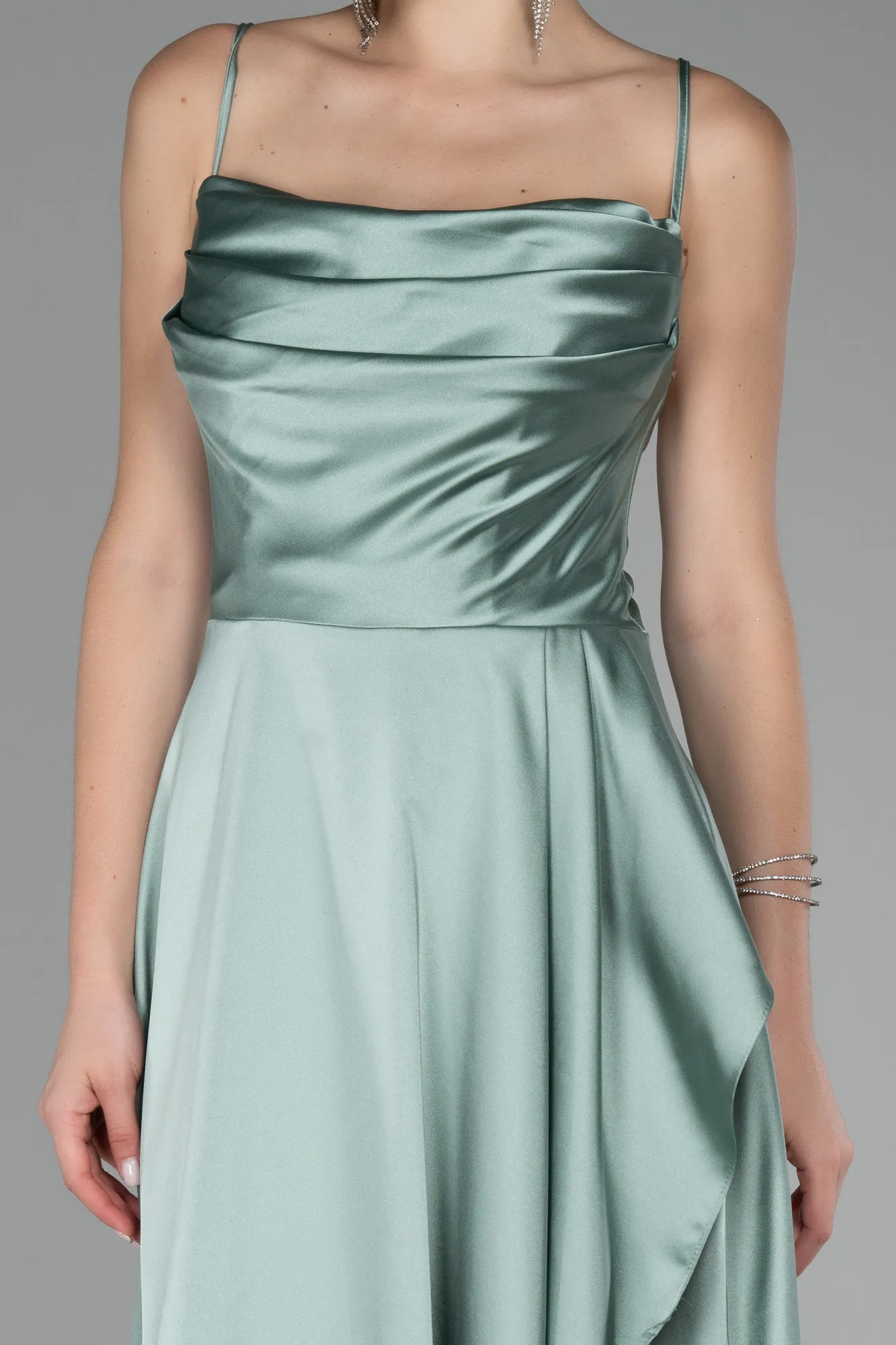 Mint-Strappy Long Satin Prom Gown ABU4073