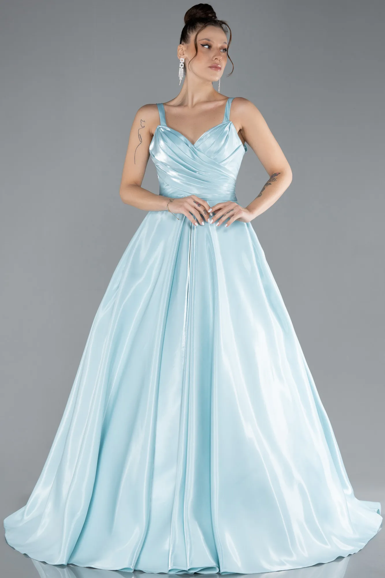 Mint-Strappy Satin Long Special Design Evening Dress ABU4448