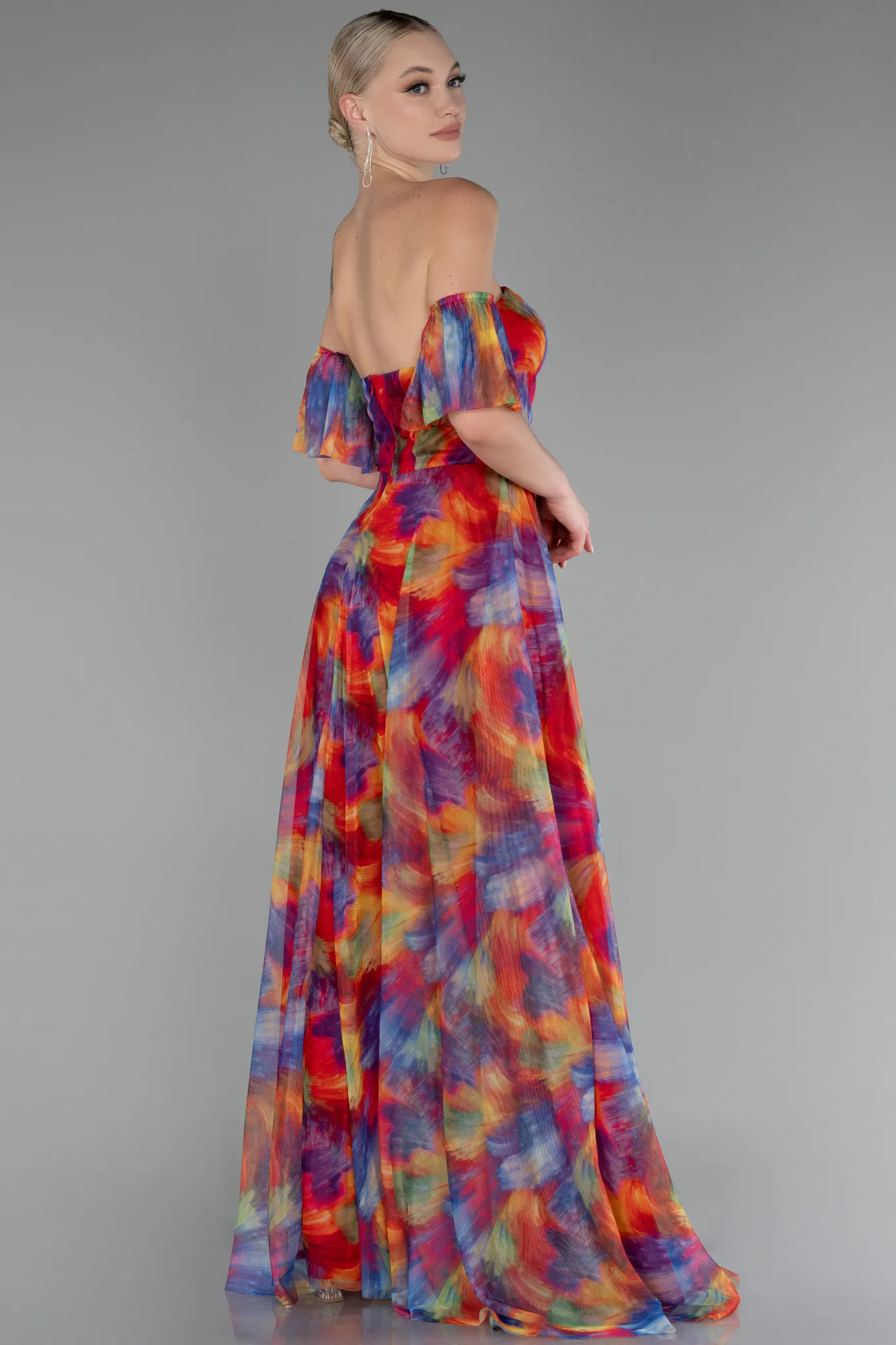 Multicolored-Strapless Slit Long Printed Prom Dress ABU4129