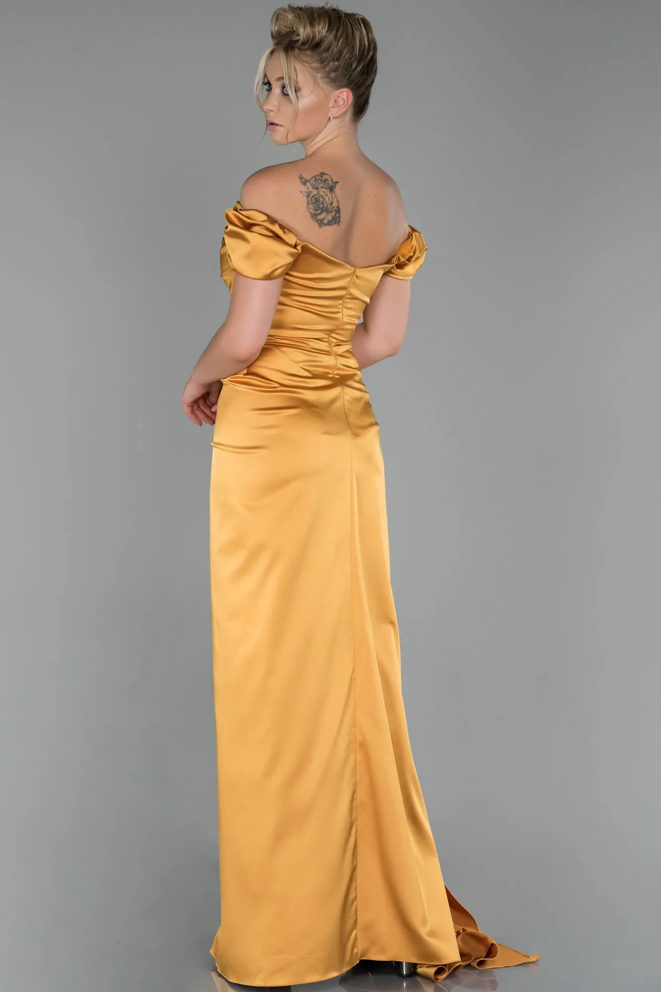 Mustard-Long Satin Engagement Dress ABU1606