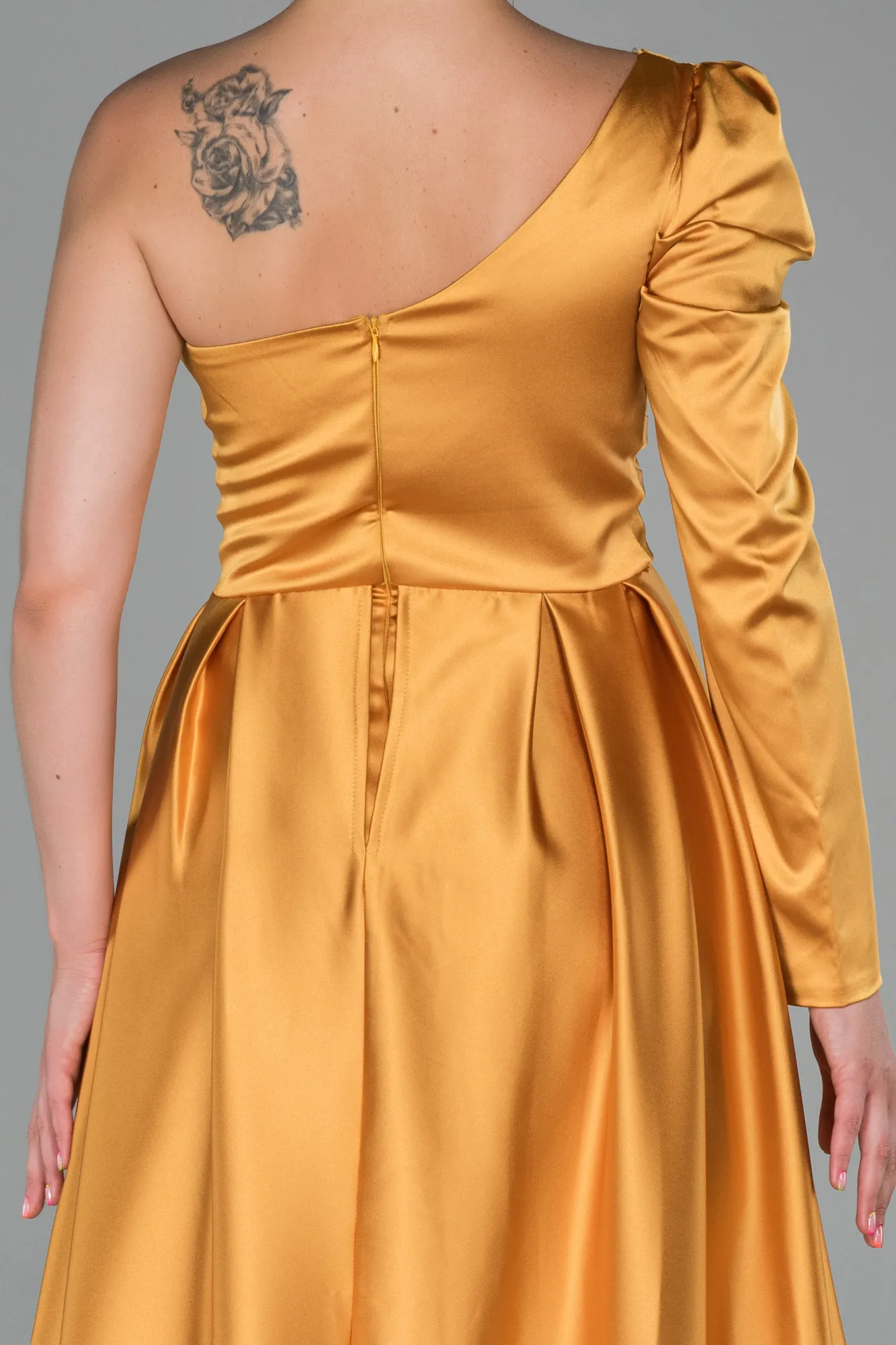 Mustard-Long Satin Evening Dress ABU1715