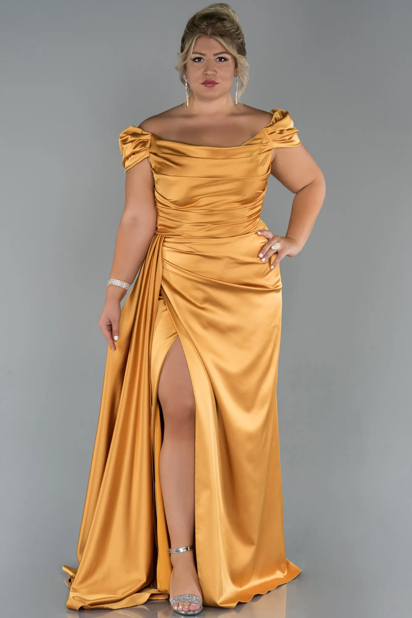 Mustard-Long Satin Plus Size Evening Dress ABU1626