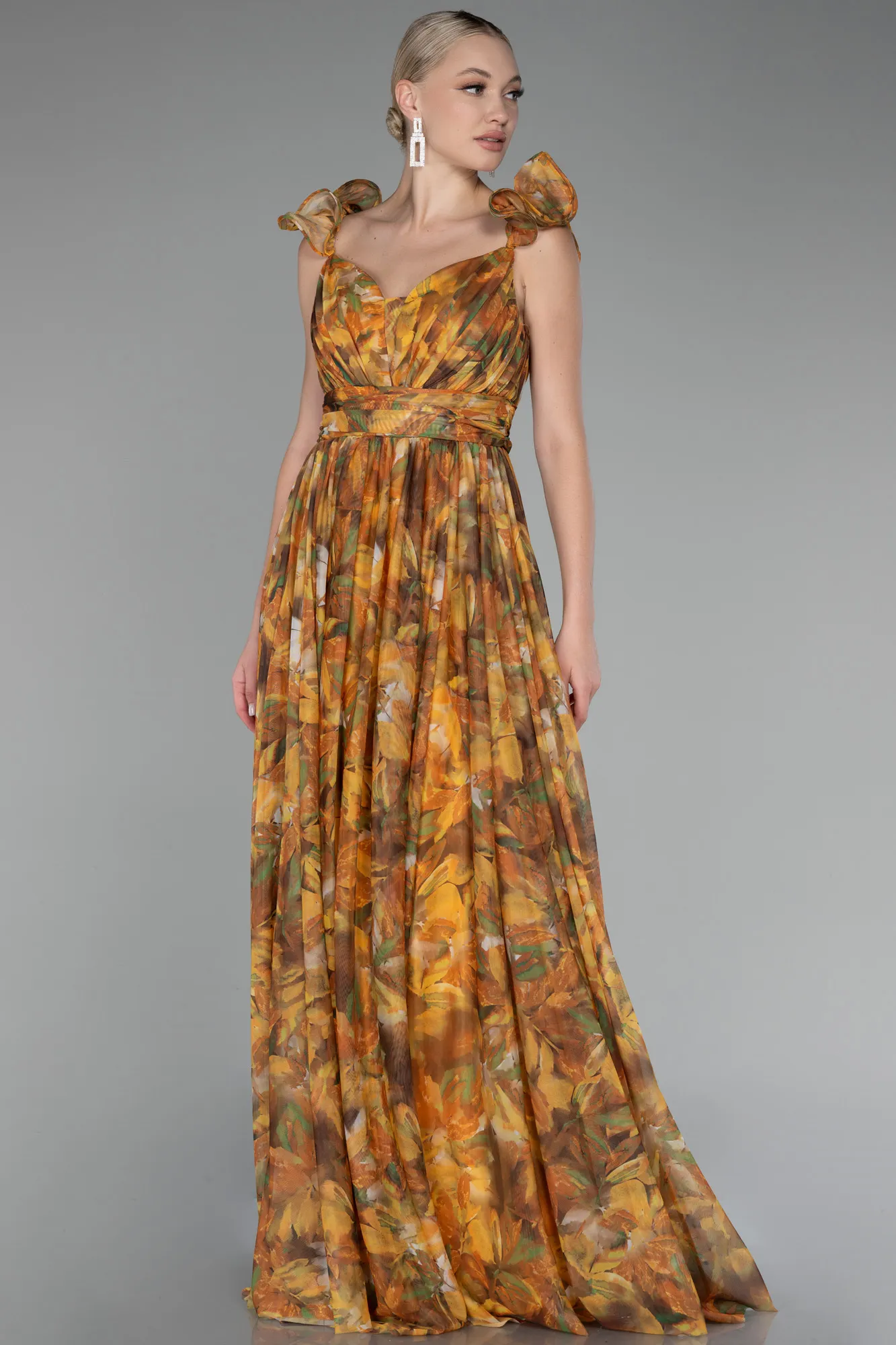 Mustard-Strappy Floral Long Prom Dress ABU4134