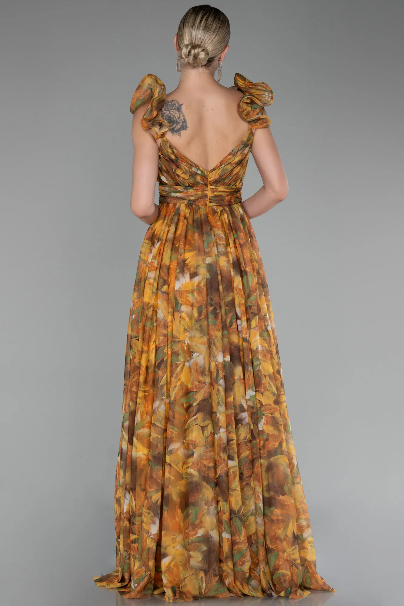 Mustard-Strappy Floral Long Prom Dress ABU4134