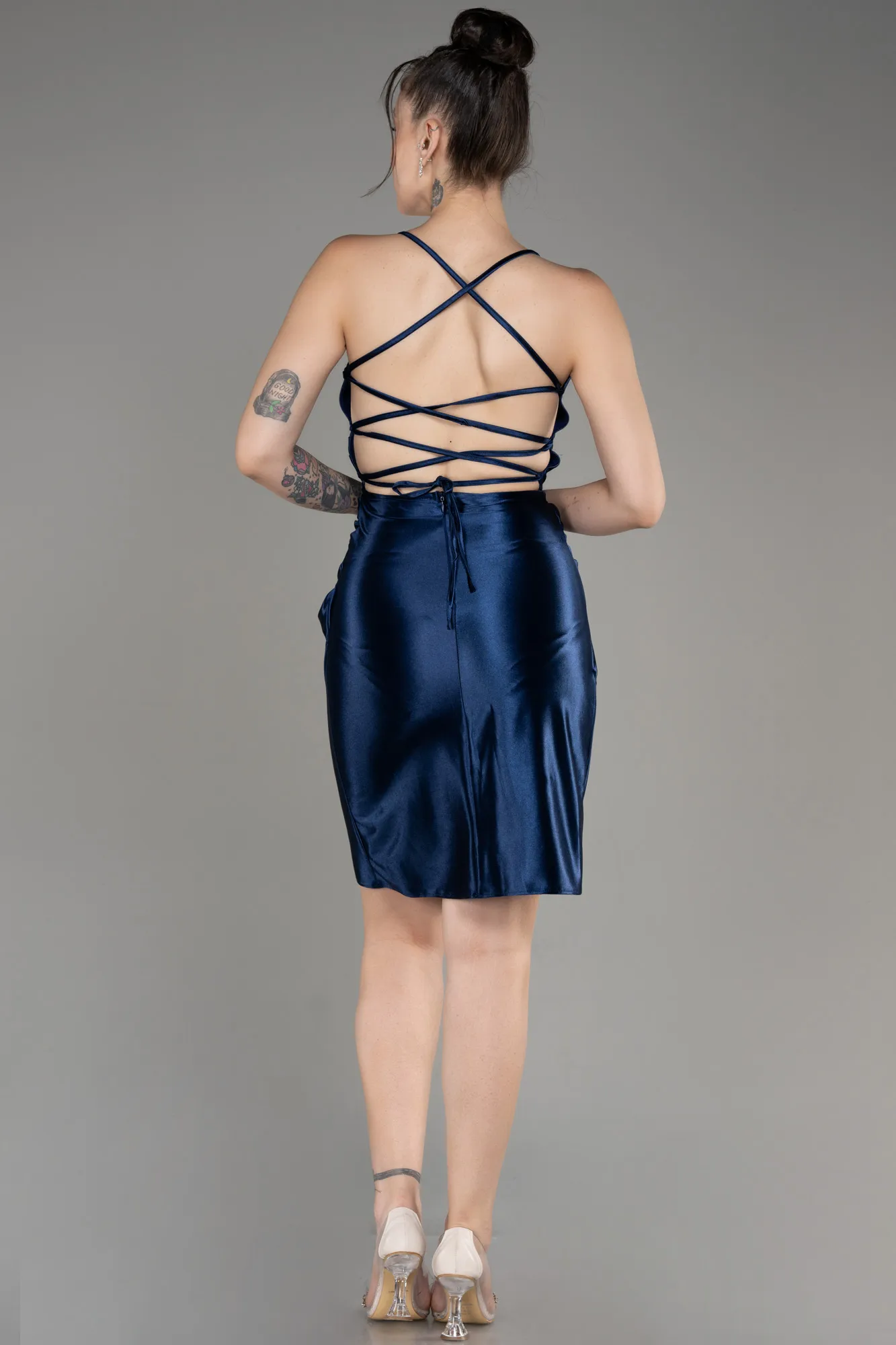 Navy Blue-Backless Short Satin Cocktail Dress ABK2078