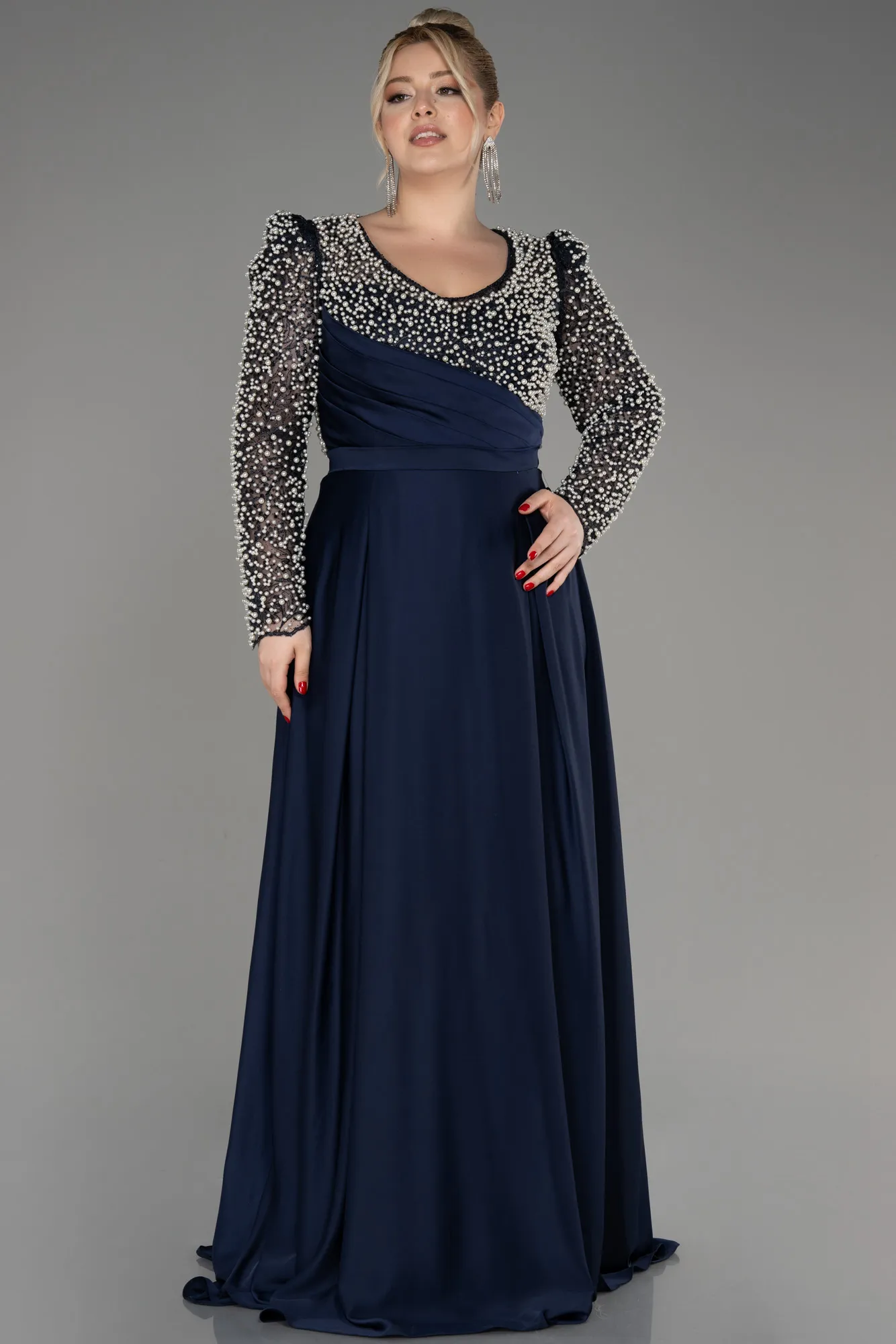 Navy Blue-Beaded Long Sleeve Satin Plus Size Evening Dress ABU3937