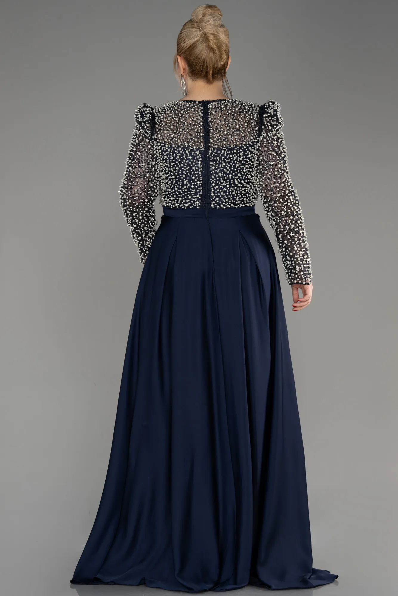 Navy Blue-Beaded Long Sleeve Satin Plus Size Evening Dress ABU3937